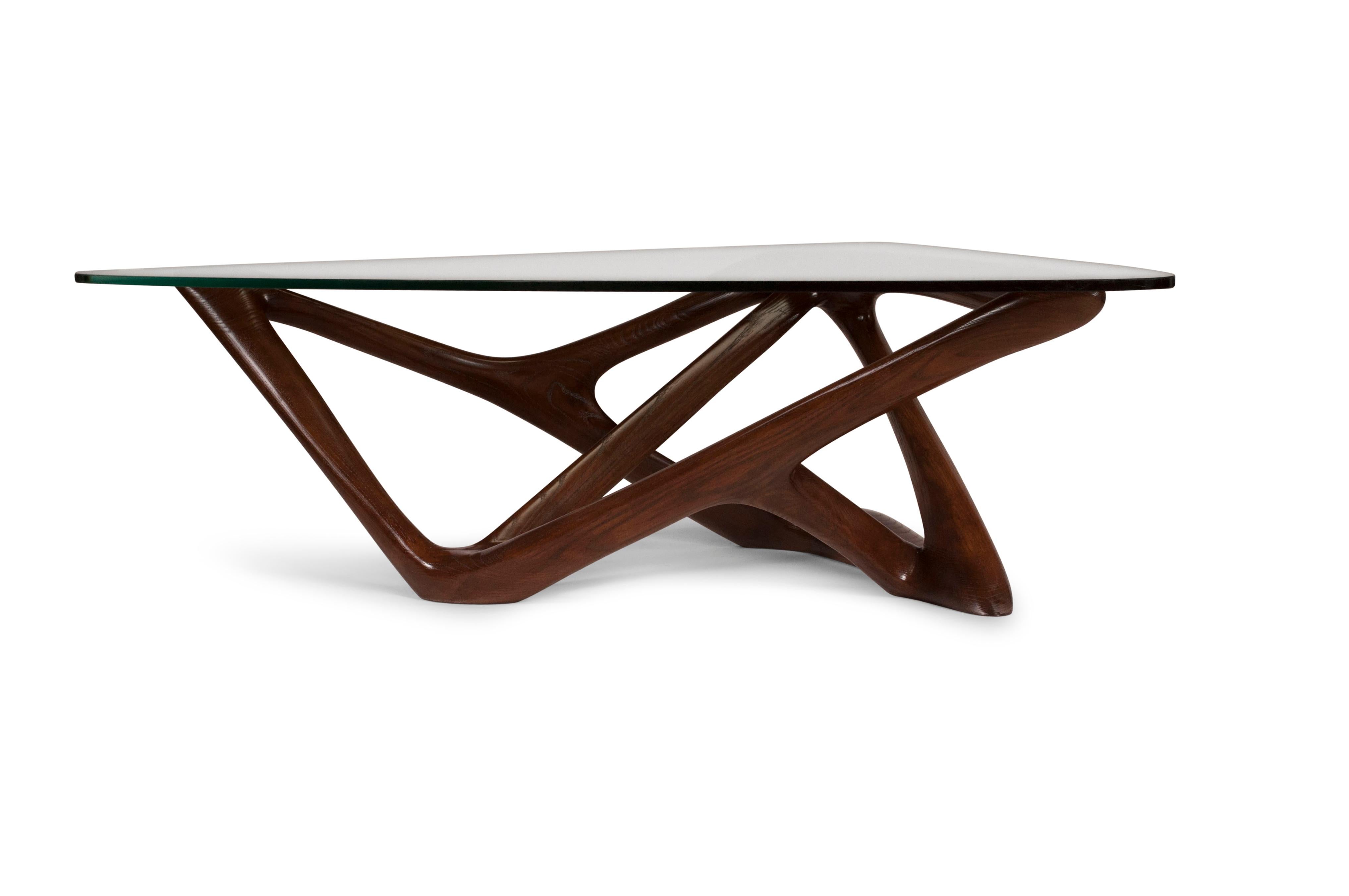 Amorph Climax Coffee Table Solid Wood Walnut Finish with Organic Shape Glass In New Condition For Sale In Los Angeles, CA