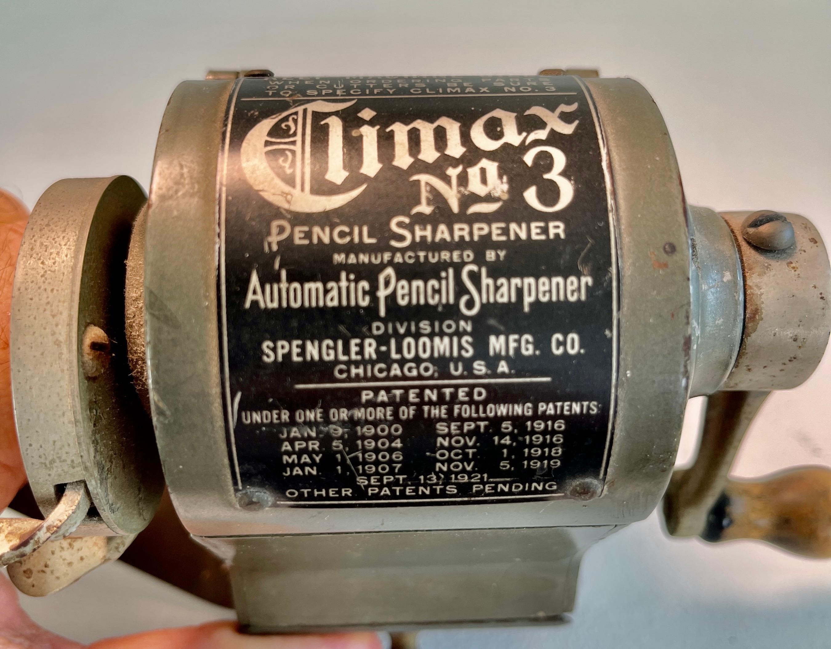 Climax No. 3 Industrial Pencil Sharpener. 
Automatic Pencil Sharpener a division of the Spengler-Loomis MFG Co., They were one of several companies between 1910 - 1915 that introduced one or two Cylindrical Cutters and there different models of this