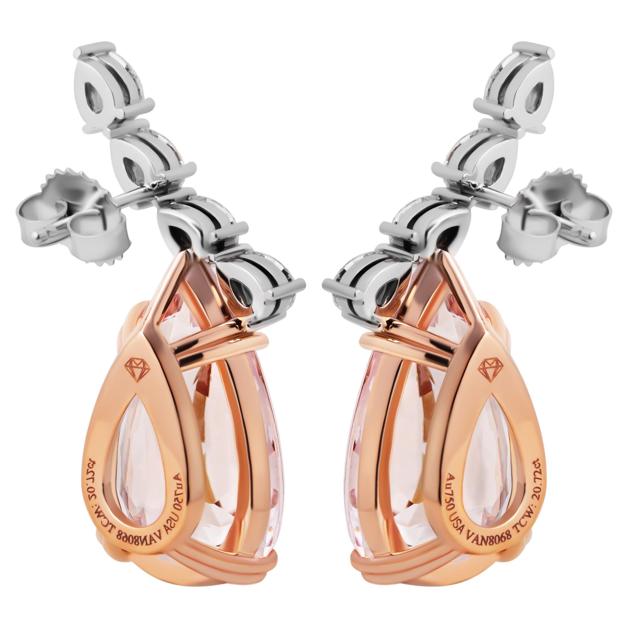 Climber Earring with Peach Morganites and Diamonds in 18K Rose & White Gold
Peach Morganites totaling 20.72ct 
White Pear shape diamonds totaling 1.48ct
about 30mm long 