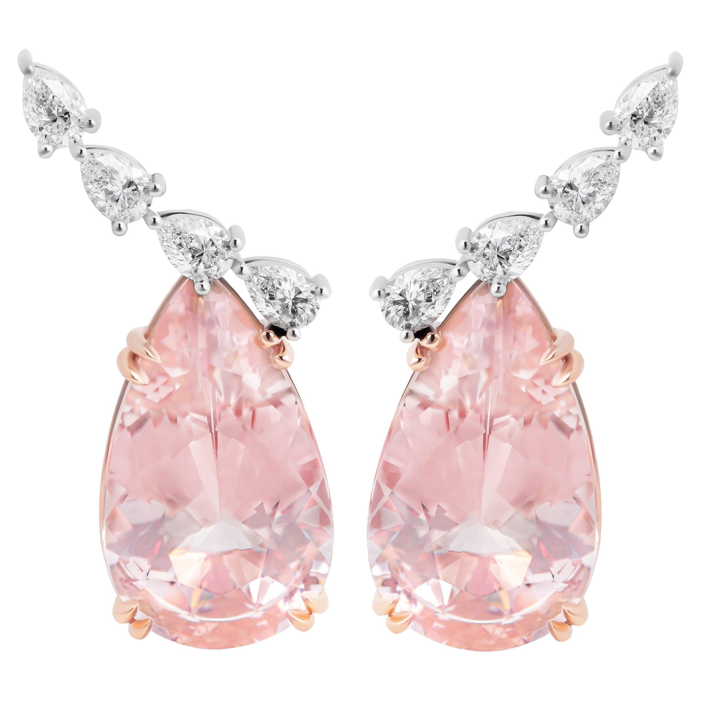 Climber Earring with Peach Morganites and Diamonds For Sale