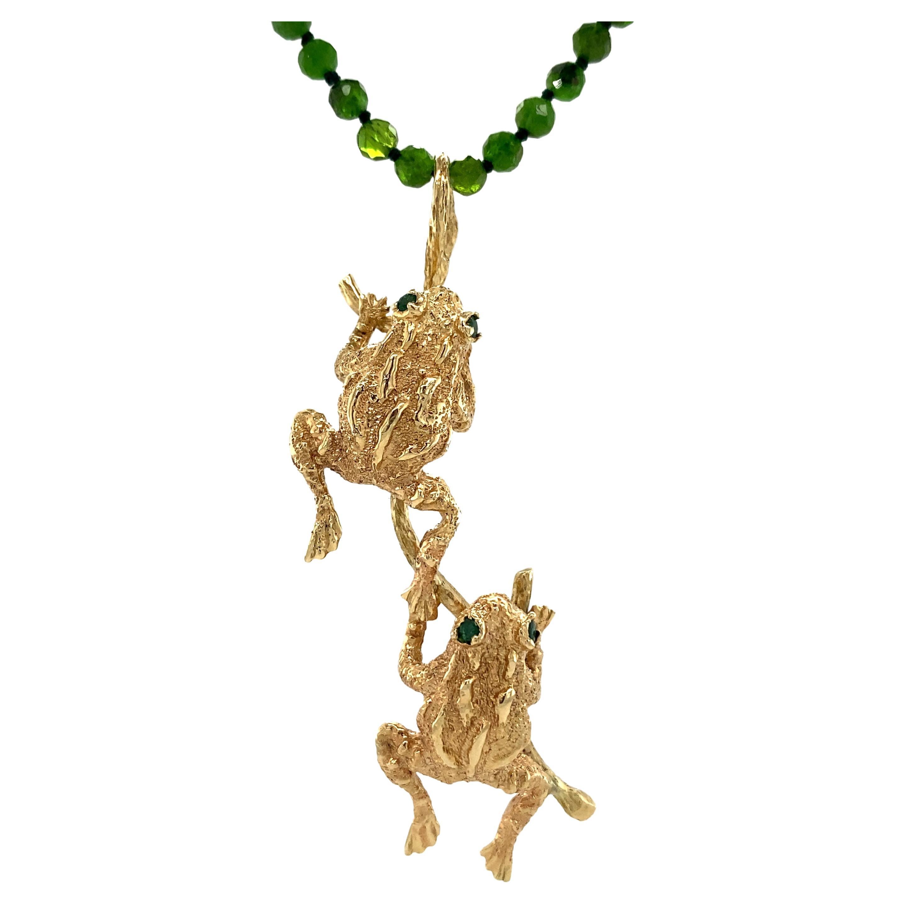 "Climbers" Frog Pendant in 14 Karat Gold on Chrome Diopside Beaded Chain
