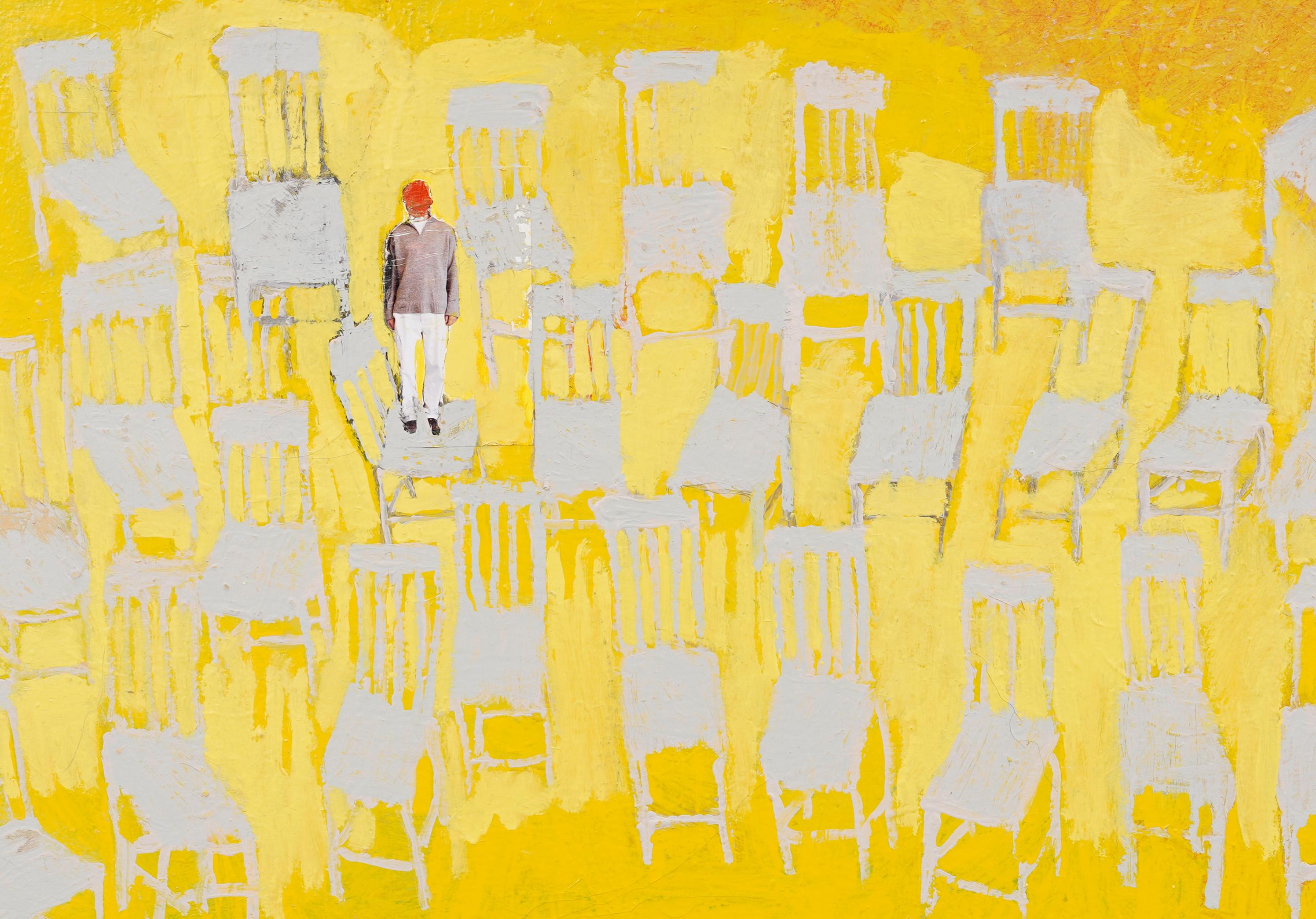 Canadian Modernist Gallery Exhibited Framed Surreal Yellow Chairs Oil Painting 1