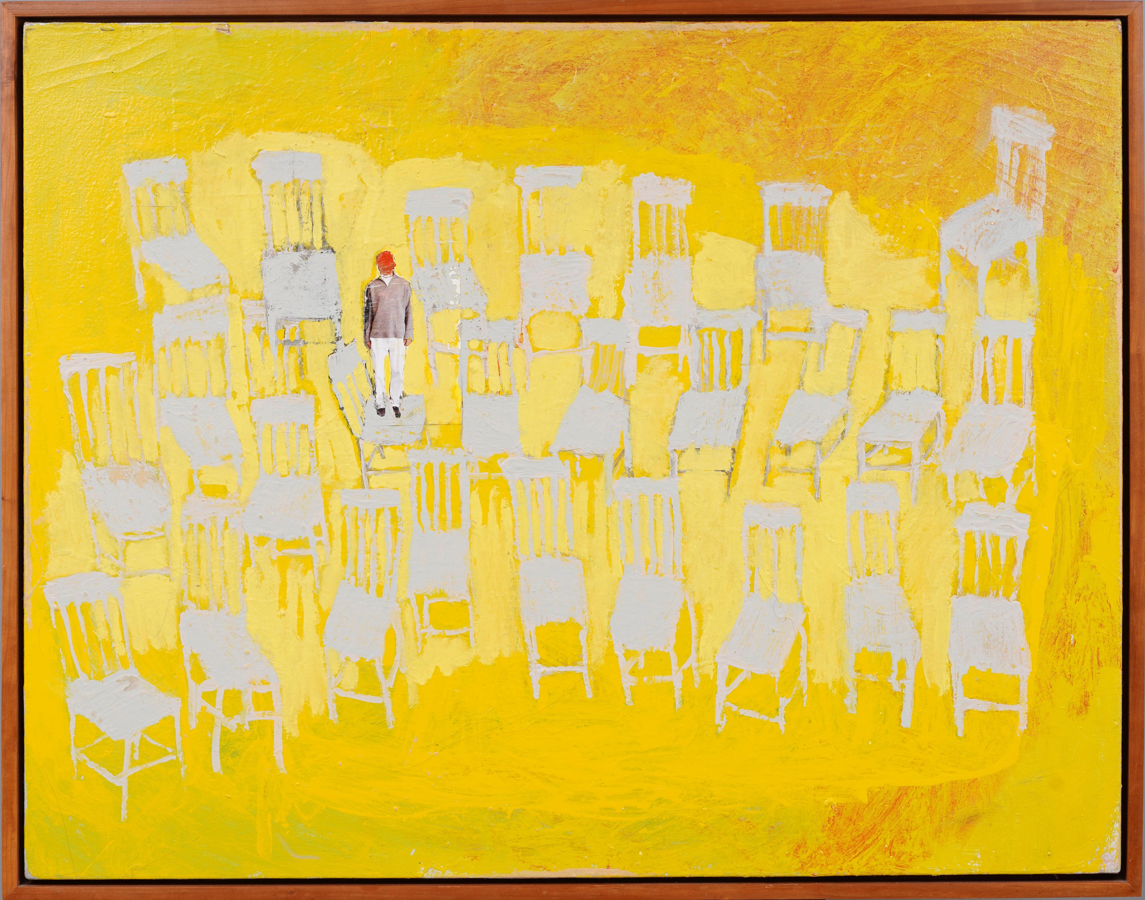 Clint Griffin Abstract Painting - Canadian Modernist Gallery Exhibited Framed Surreal Yellow Chairs Oil Painting