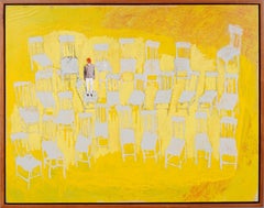 Canadian Modernist Gallery Exhibited Framed Surreal Yellow Chairs Oil Painting