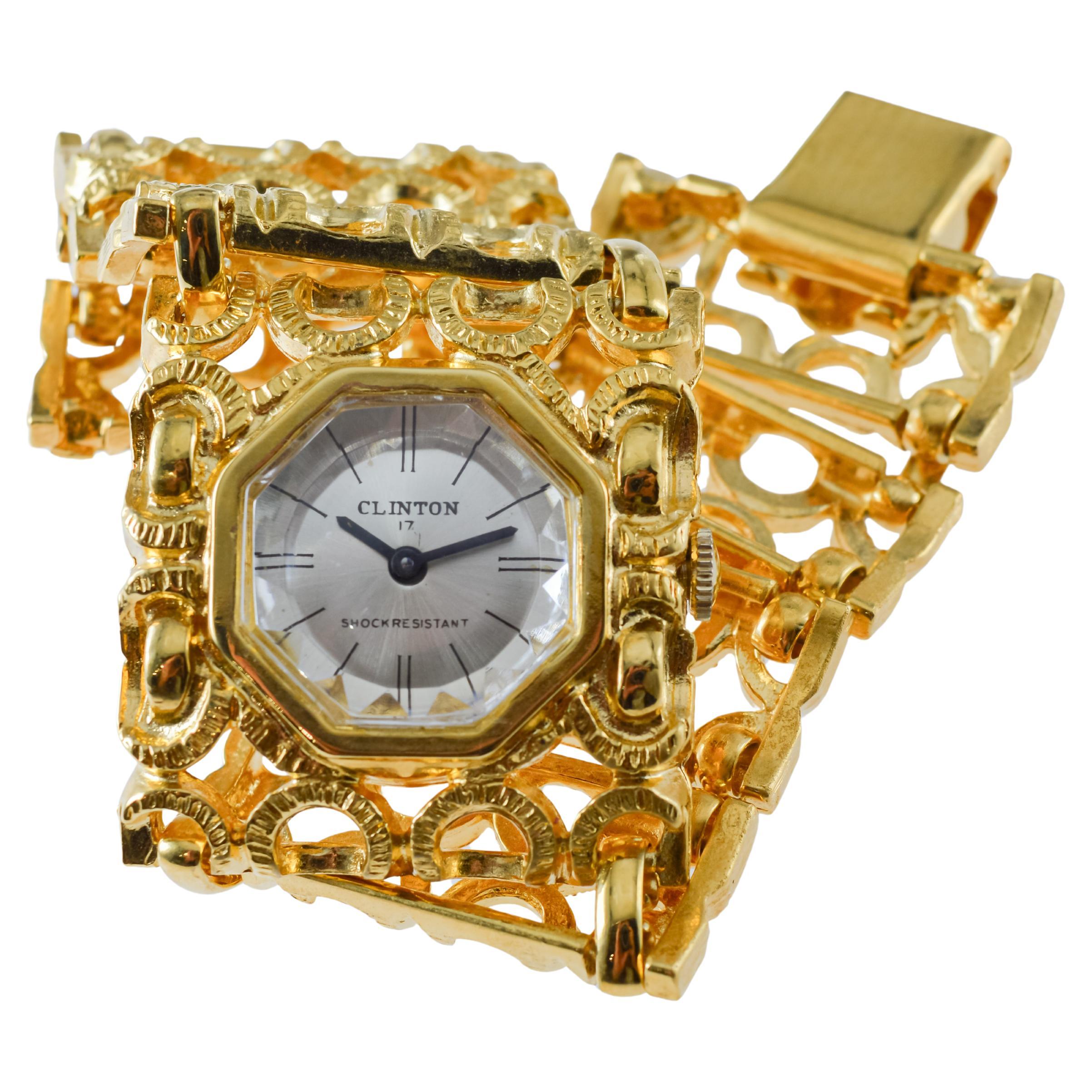 Clinton Ladies Unique Gold Plated Fashion Watch with Original Multi Faceted Lens For Sale 6