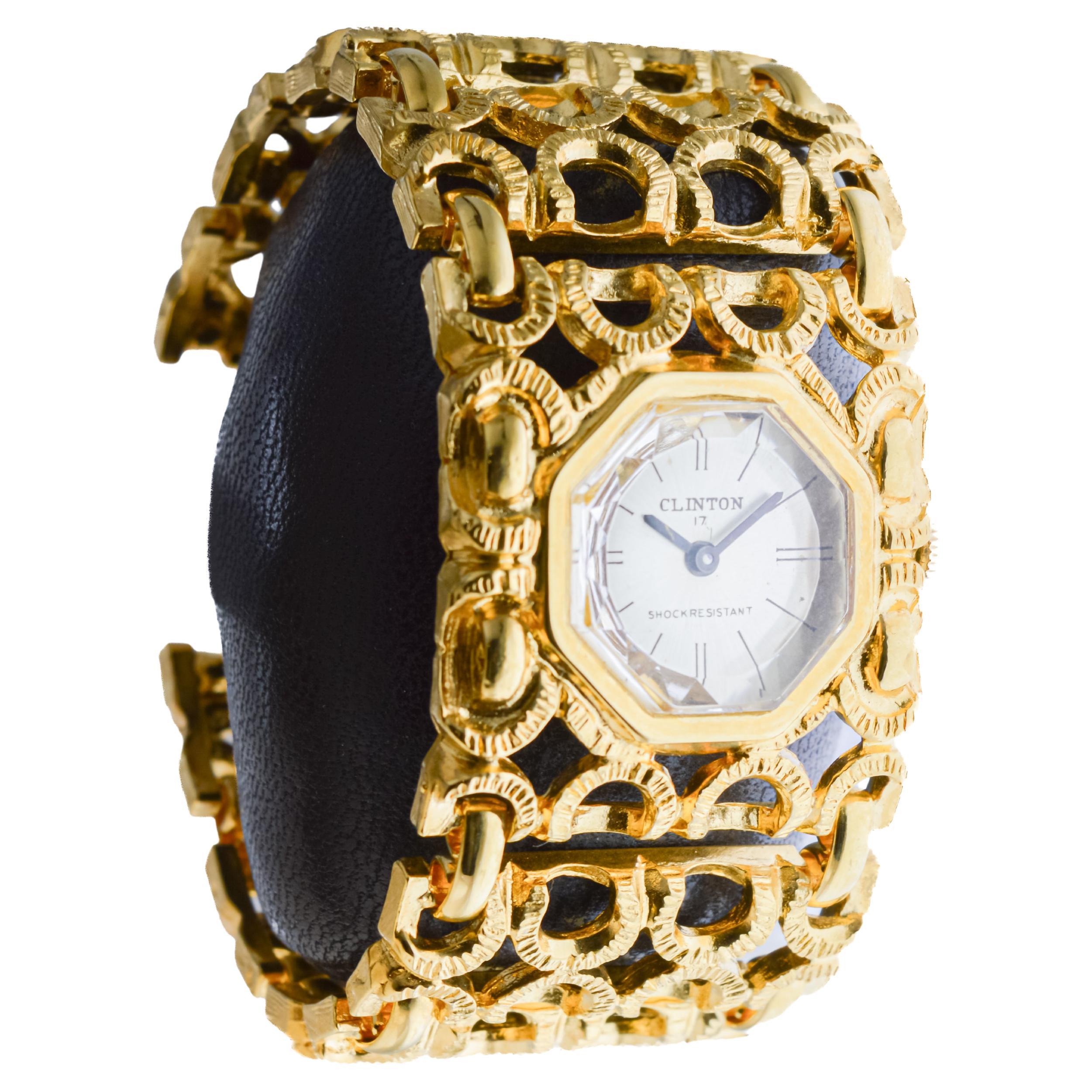 Art Deco Clinton Ladies Unique Gold Plated Fashion Watch with Original Multi Faceted Lens For Sale