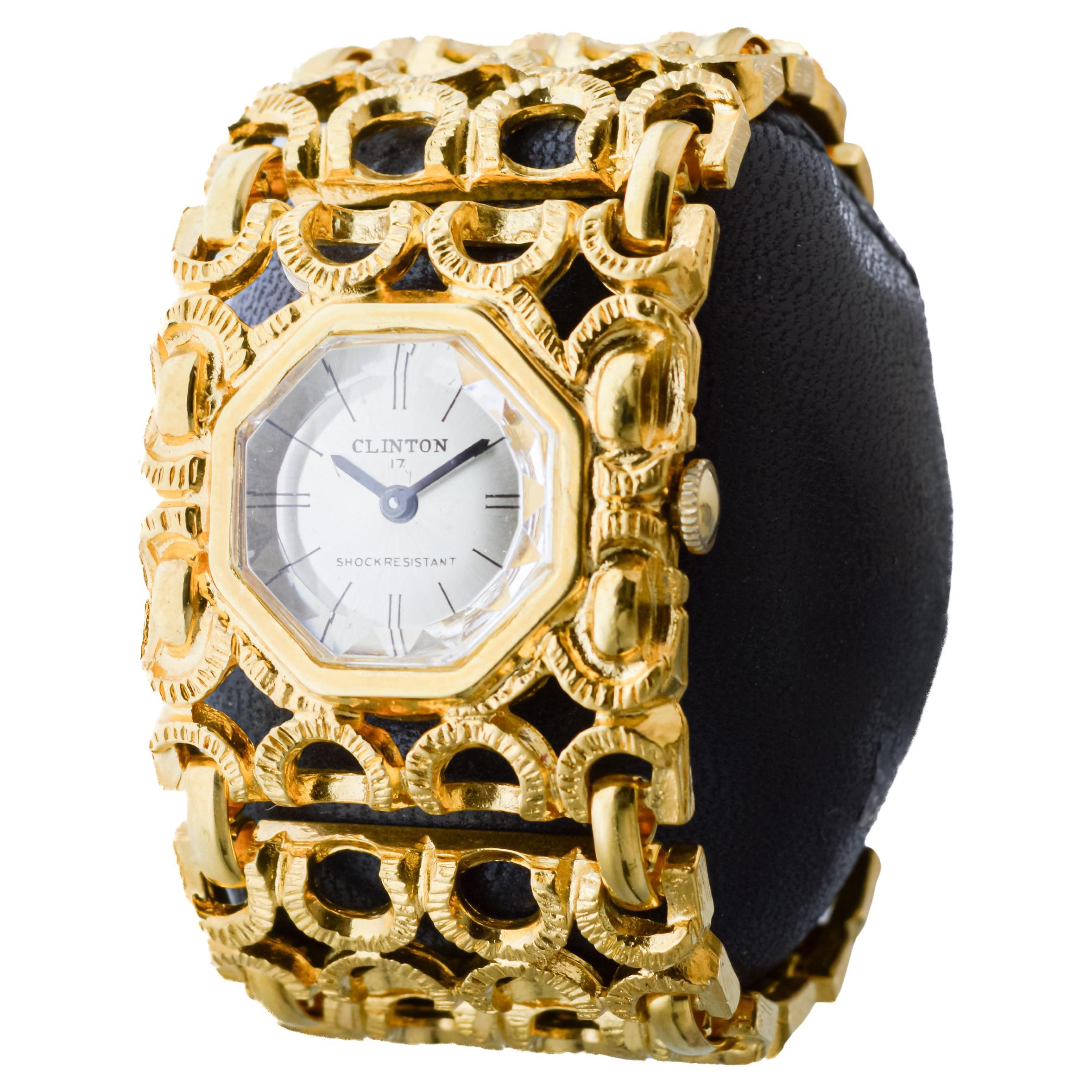Women's Clinton Ladies Unique Gold Plated Fashion Watch with Original Multi Faceted Lens For Sale