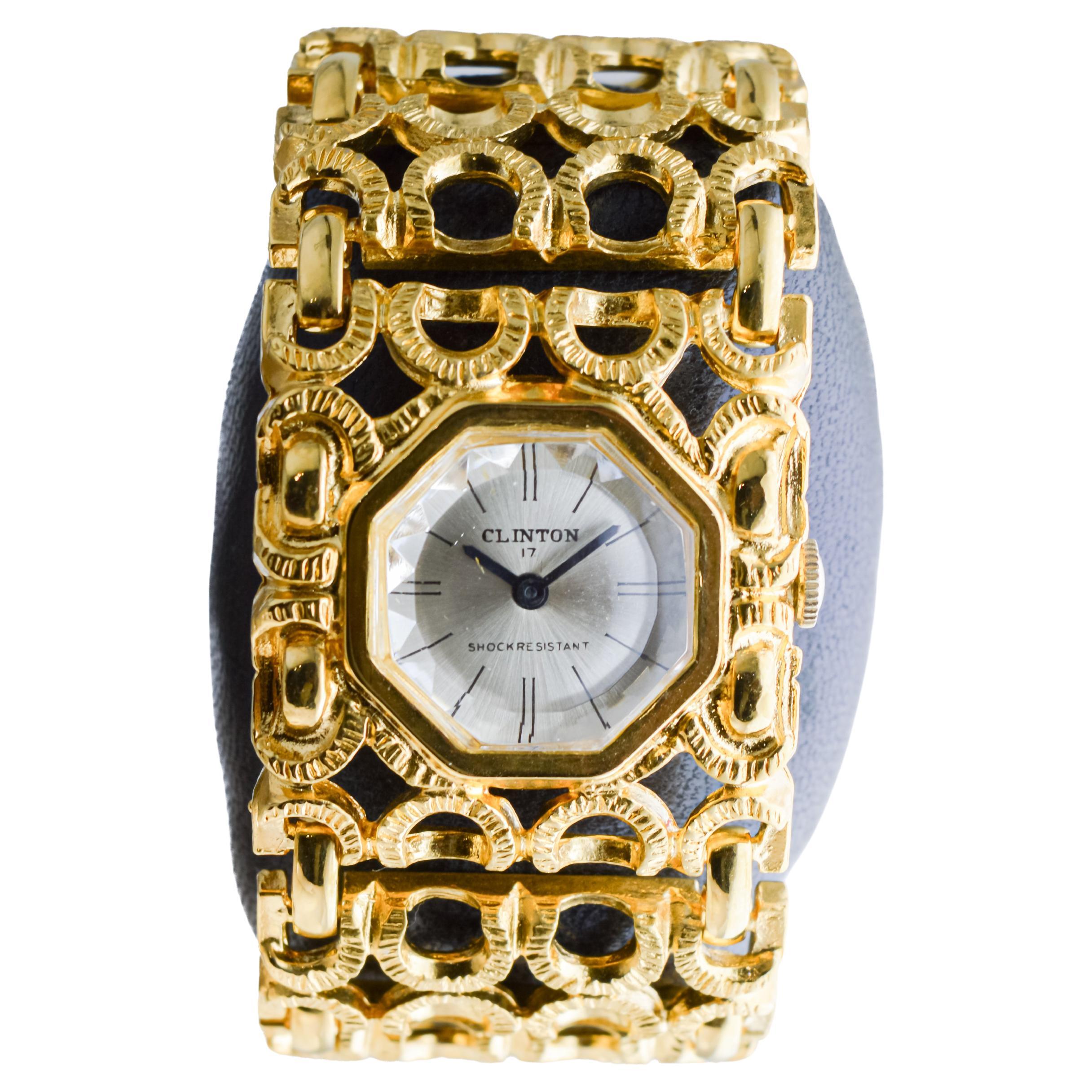 Clinton Ladies Unique Gold Plated Fashion Watch with Original Multi Faceted Lens For Sale