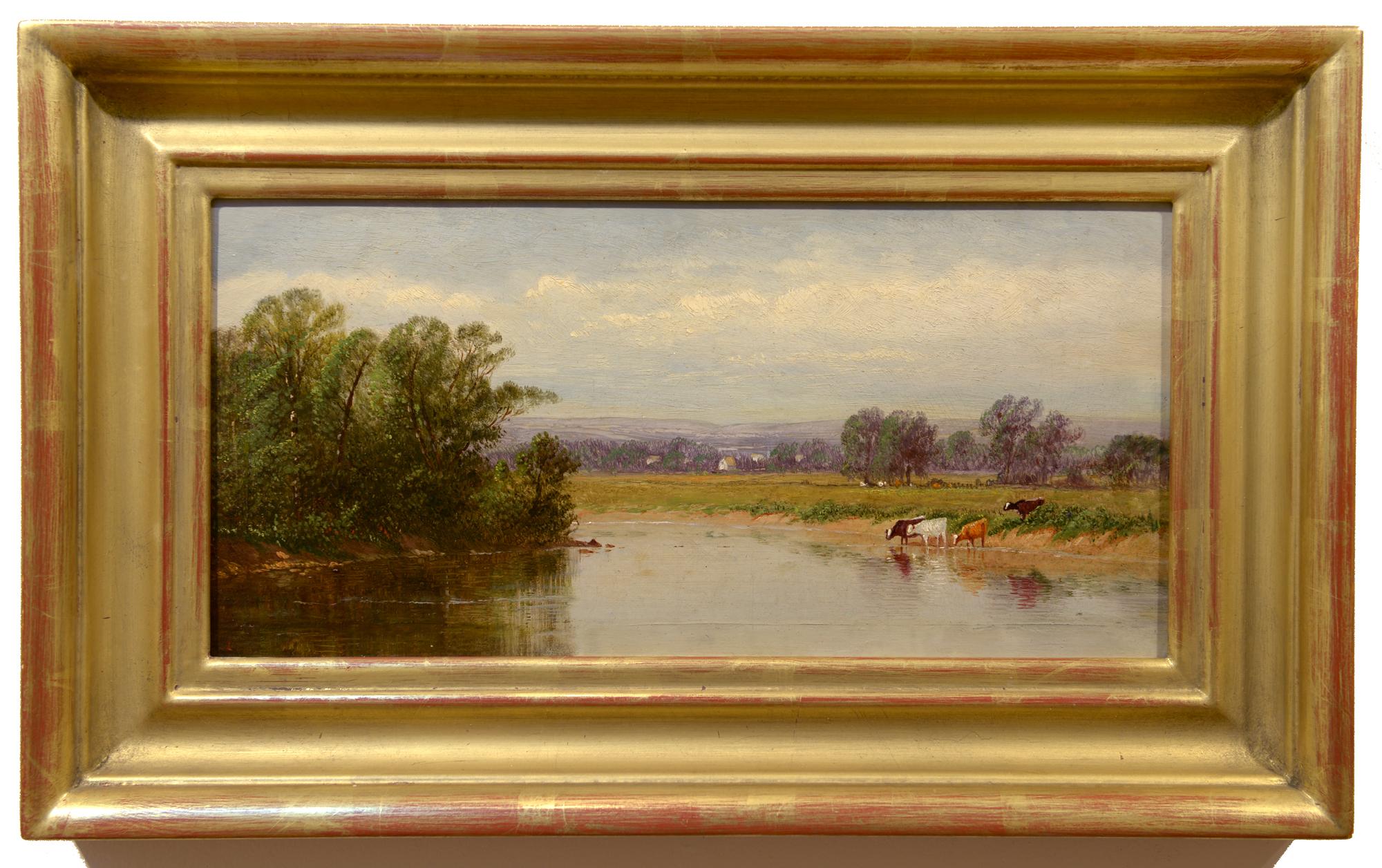 Along the River, Cattle Grazing, American Realist, Oil on Board, Landscape - Painting by Clinton Loveridge