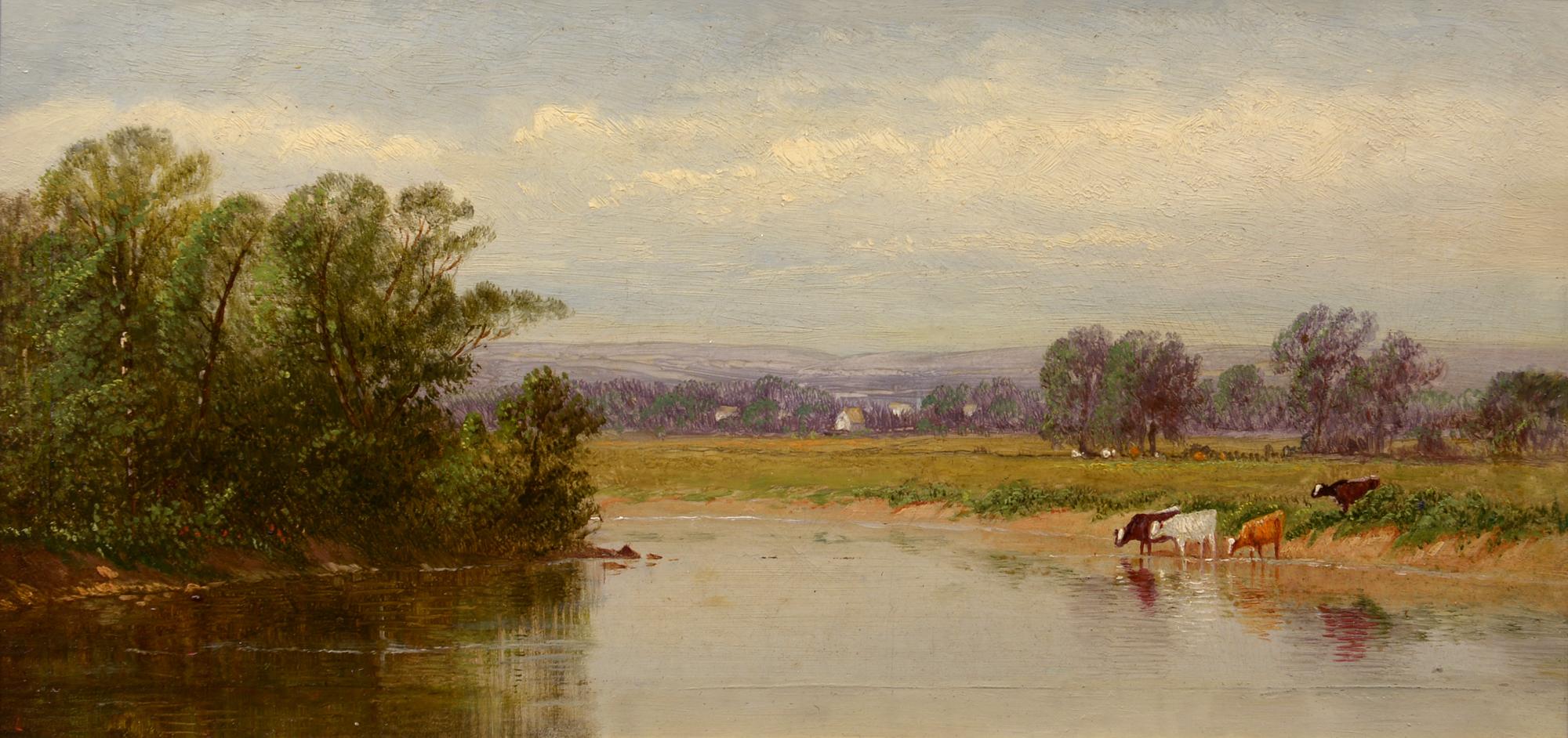 Along the River, Rinder graben, amerikanischer Realismus, Öl auf Karton, Landschaft
