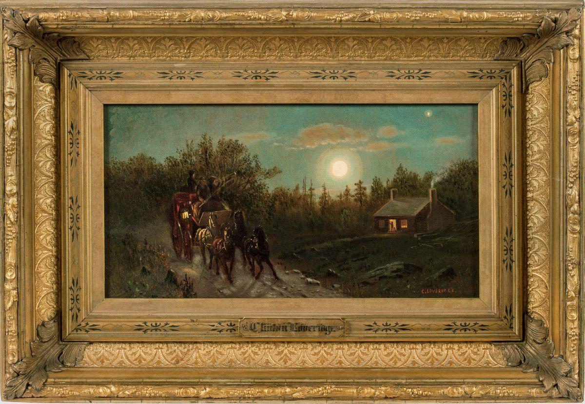 Hudson River School style moonlit landscape with horse and carriage by American artist, Clinton Loveridge

CLINTON LOVERIDGE (1824-1915)
Carriage by Moonlight
Oil on canvas
7 x 13 1/16 inches
Signed lower left

Although little is known about the