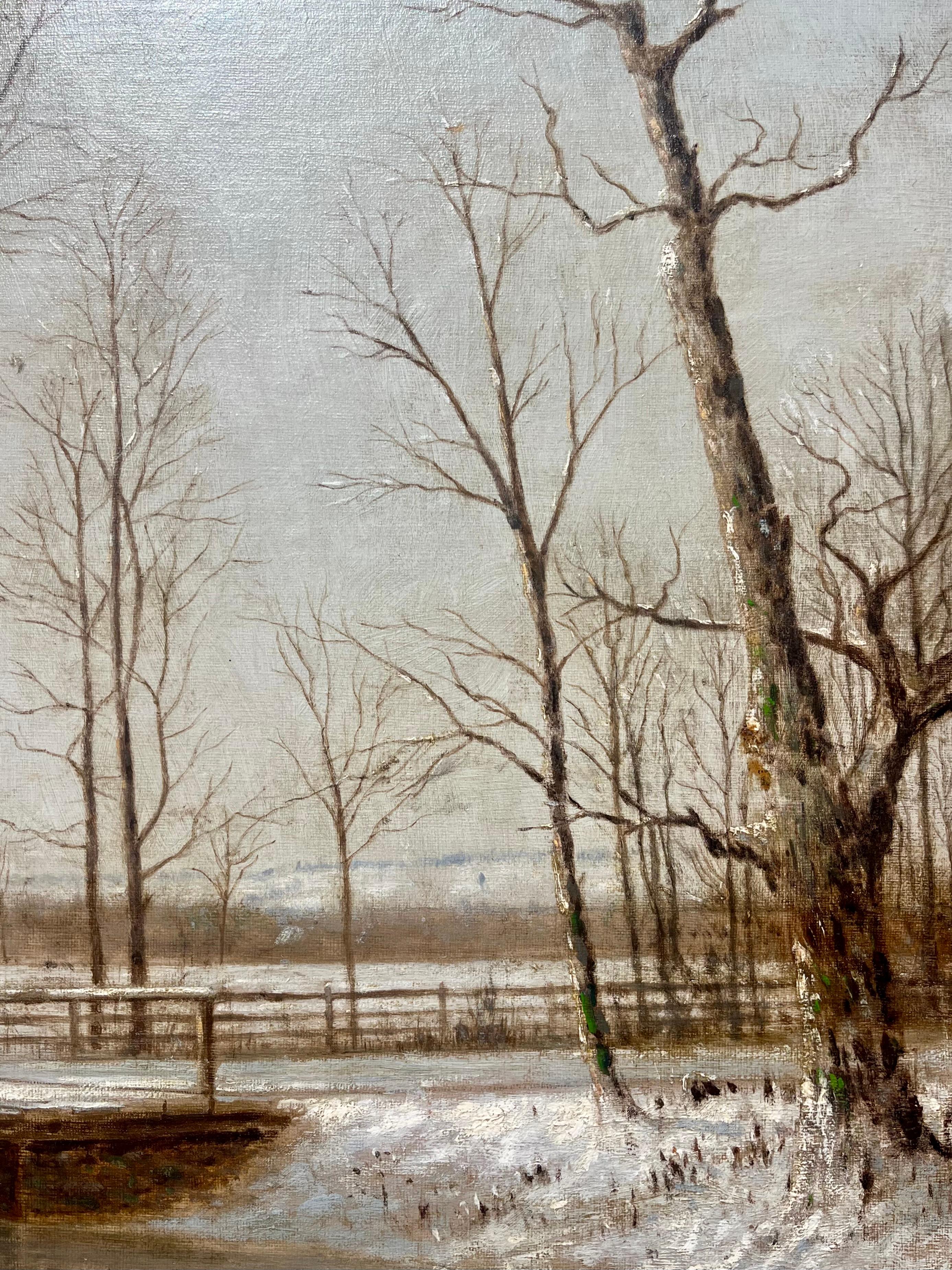 Famiglia che attraversa il torrente nella neve invernale - Painting di Clinton Loveridge