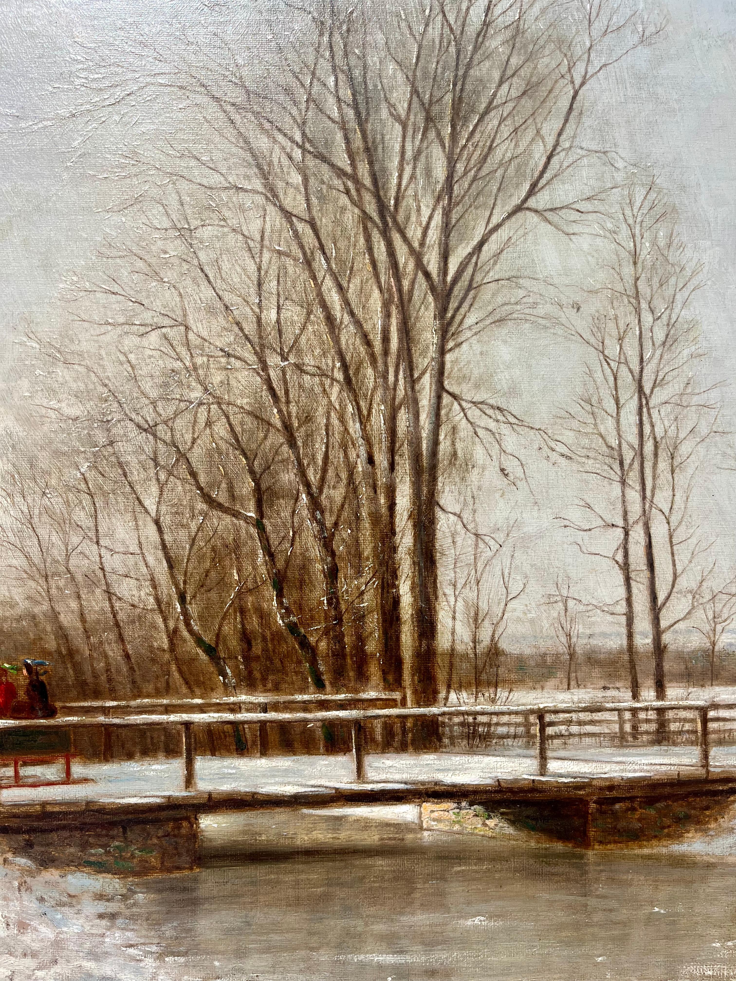 Famiglia che attraversa il torrente nella neve invernale - Painting Hudson River School di Clinton Loveridge