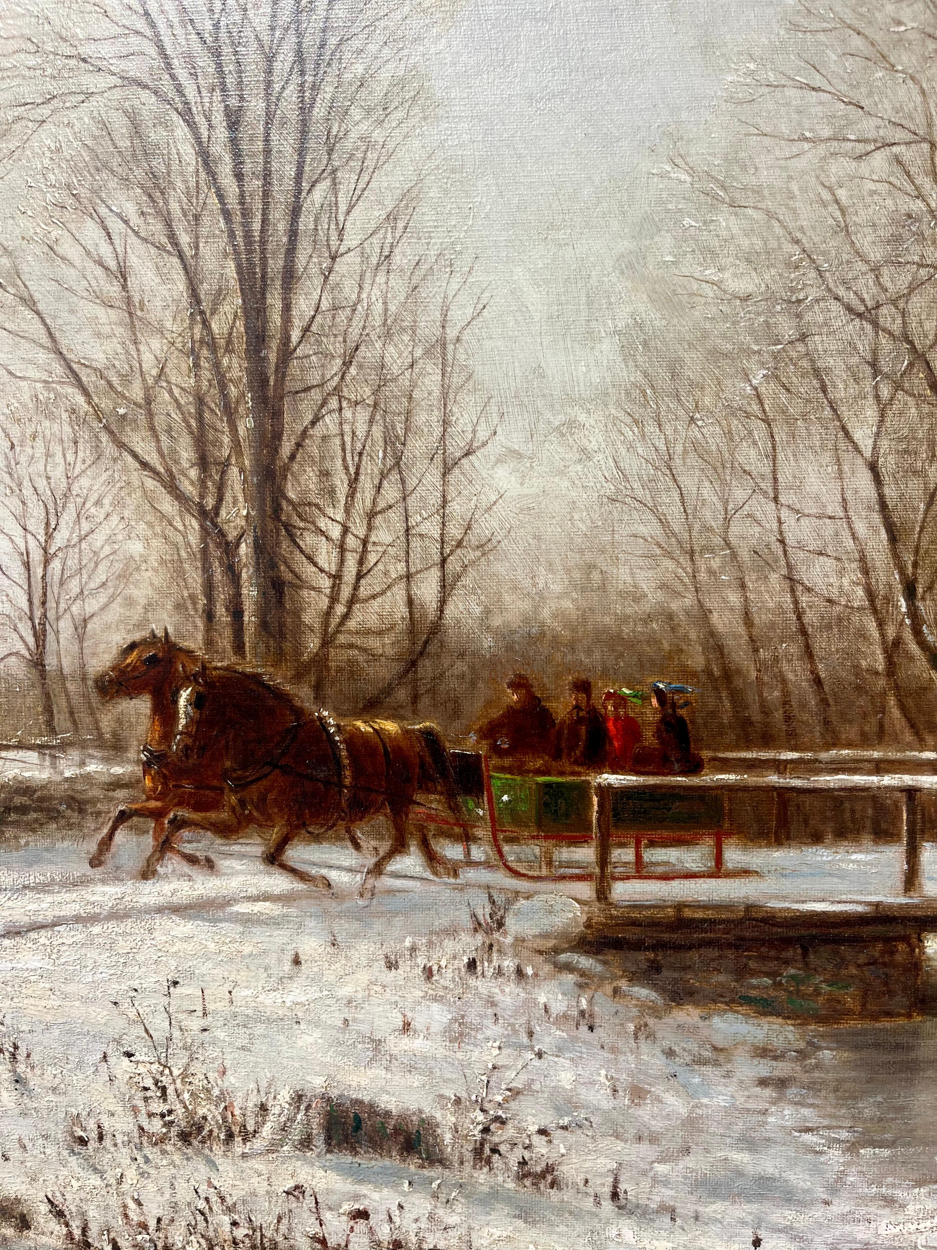 Famiglia che attraversa il torrente nella neve invernale - Landscape Painting Beige di Clinton Loveridge