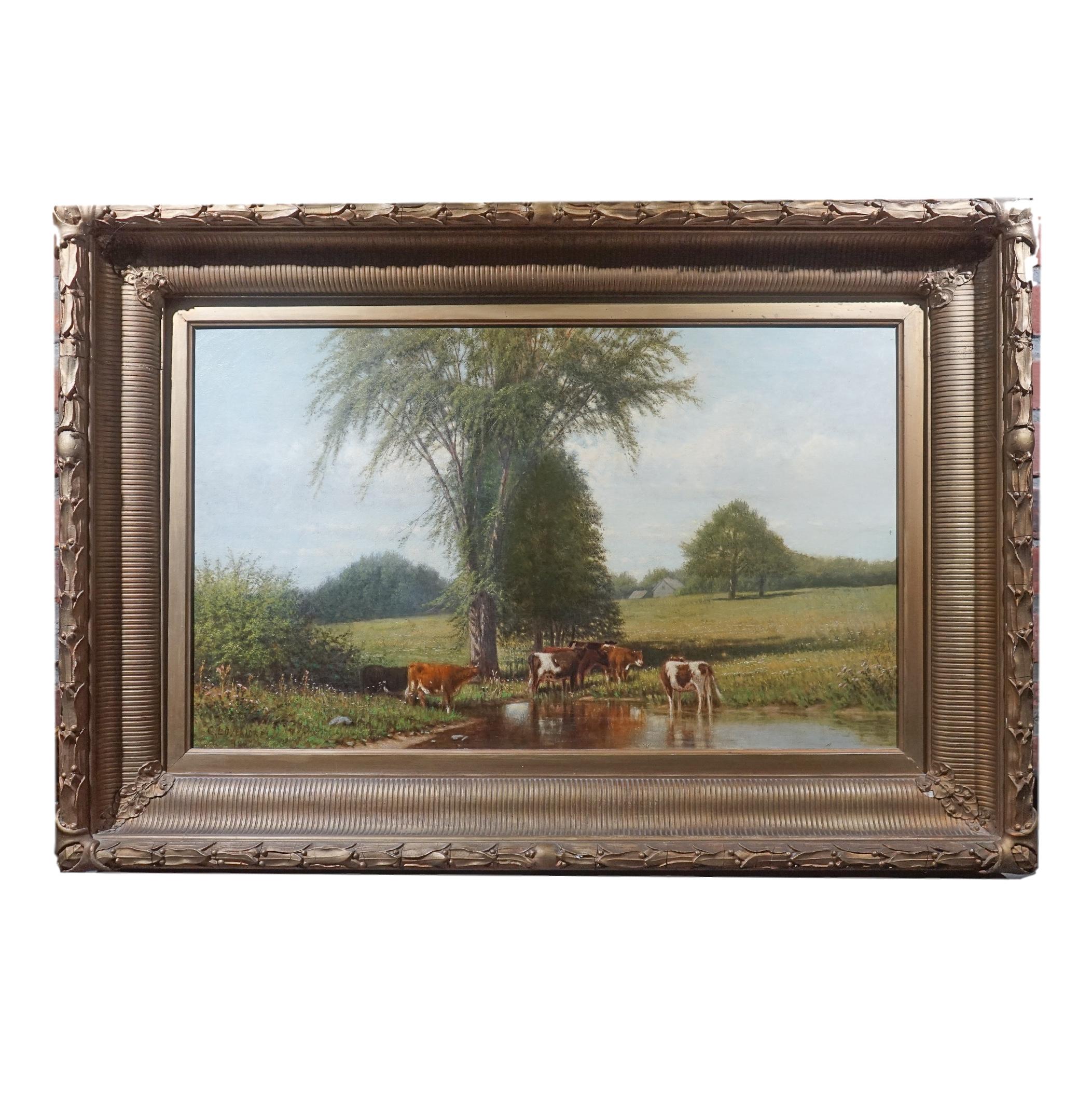 Clinton Loveridge Animal Painting - Hudson River school Bucolic Pastoral Cows in a farm w/ Trout Stream Painting
