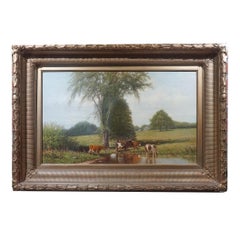 Antique Hudson River school Bucolic Pastoral Cows in a farm w/ Trout Stream Painting