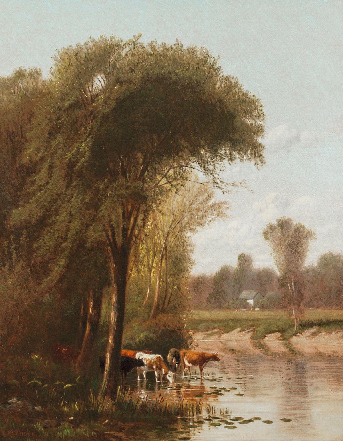 Hudson River School landscape of with cows by American artist, Clinton Loveridge

CLINTON LOVERIDGE (1824-1915)
Idyllic Landscape
Oil on canvas
20 x 16 inches
Signed lower left

Although little is known about the life and career of New York native