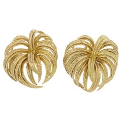 Vintage 18K Yellow Gold Large Omega Clip Earrings Palm Leaf Motif Circa 1950's