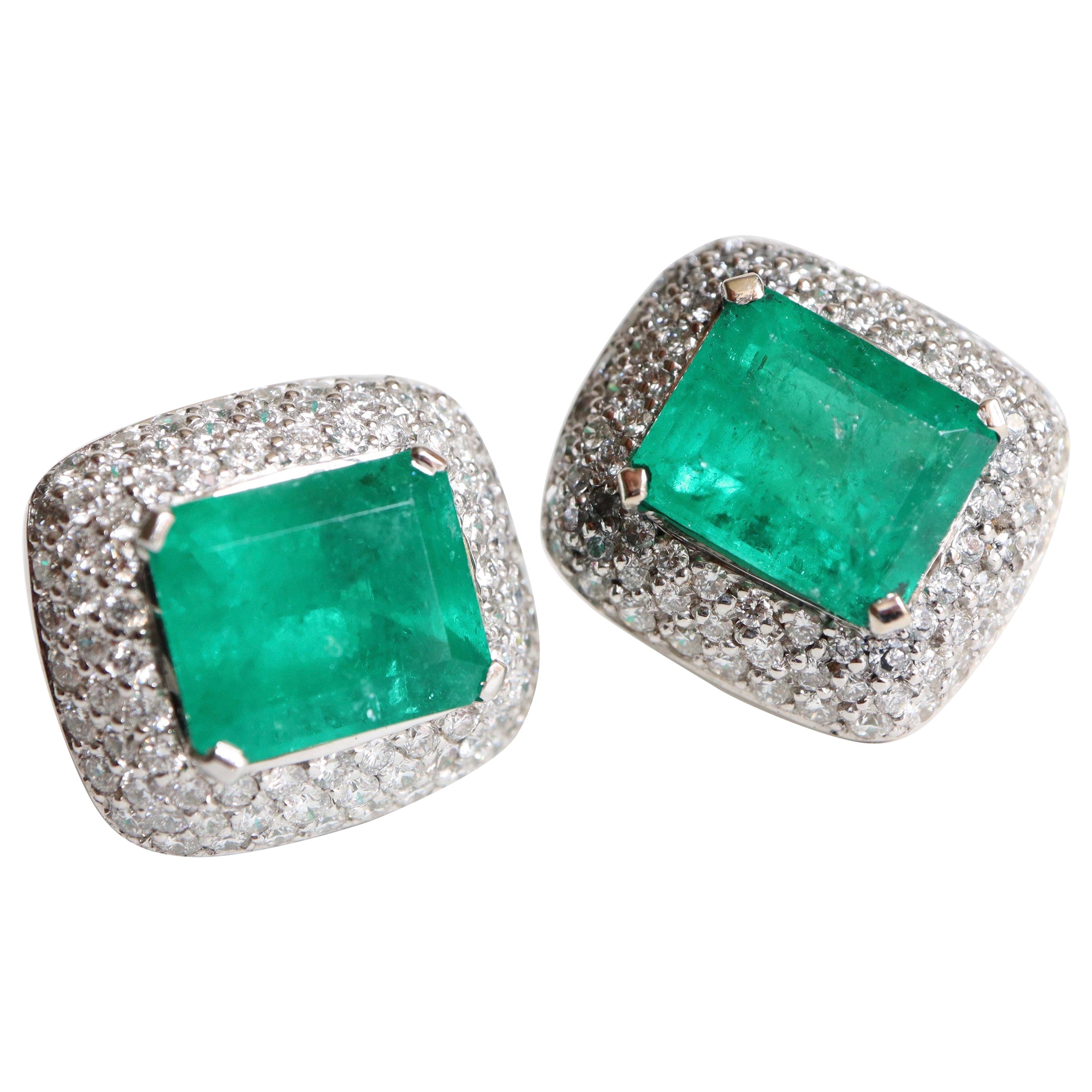Clip Earrings Emeralds 10.02 Carat and Diamonds 3 Carat in 18 Karat White Gold