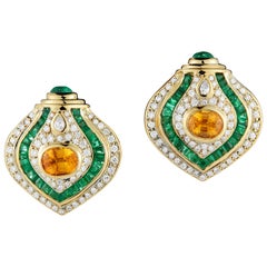 Clip on 18 Karat Yellow Gold Diamond and Emerald Earrings