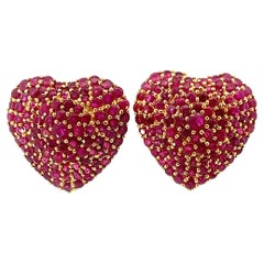 Clip-On 18k Yellow Gold  8.56 cttw Ruby Heart Earrings