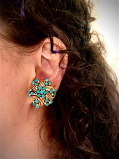 Clip On Diamond and Turquoise Earrings in 14k Yellow Gold