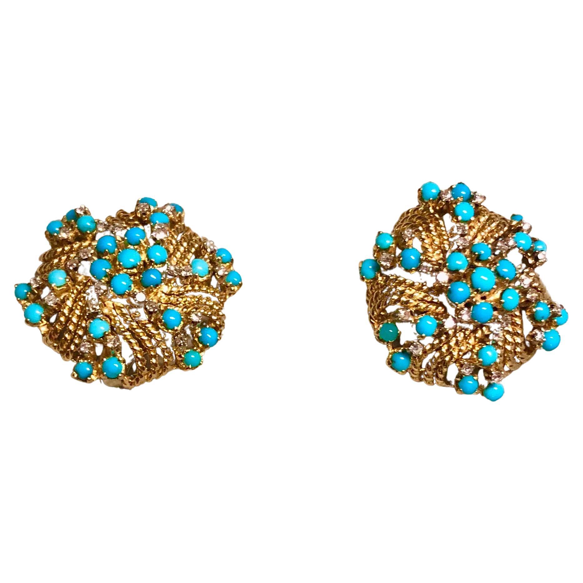 Clip On Diamond and Turquoise Earrings in 14k Yellow Gold For Sale