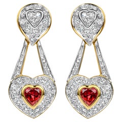 Clip on Drop Earrings in 18 kt. Yellow Gold With Diamonds & Heart Shaped Rubies