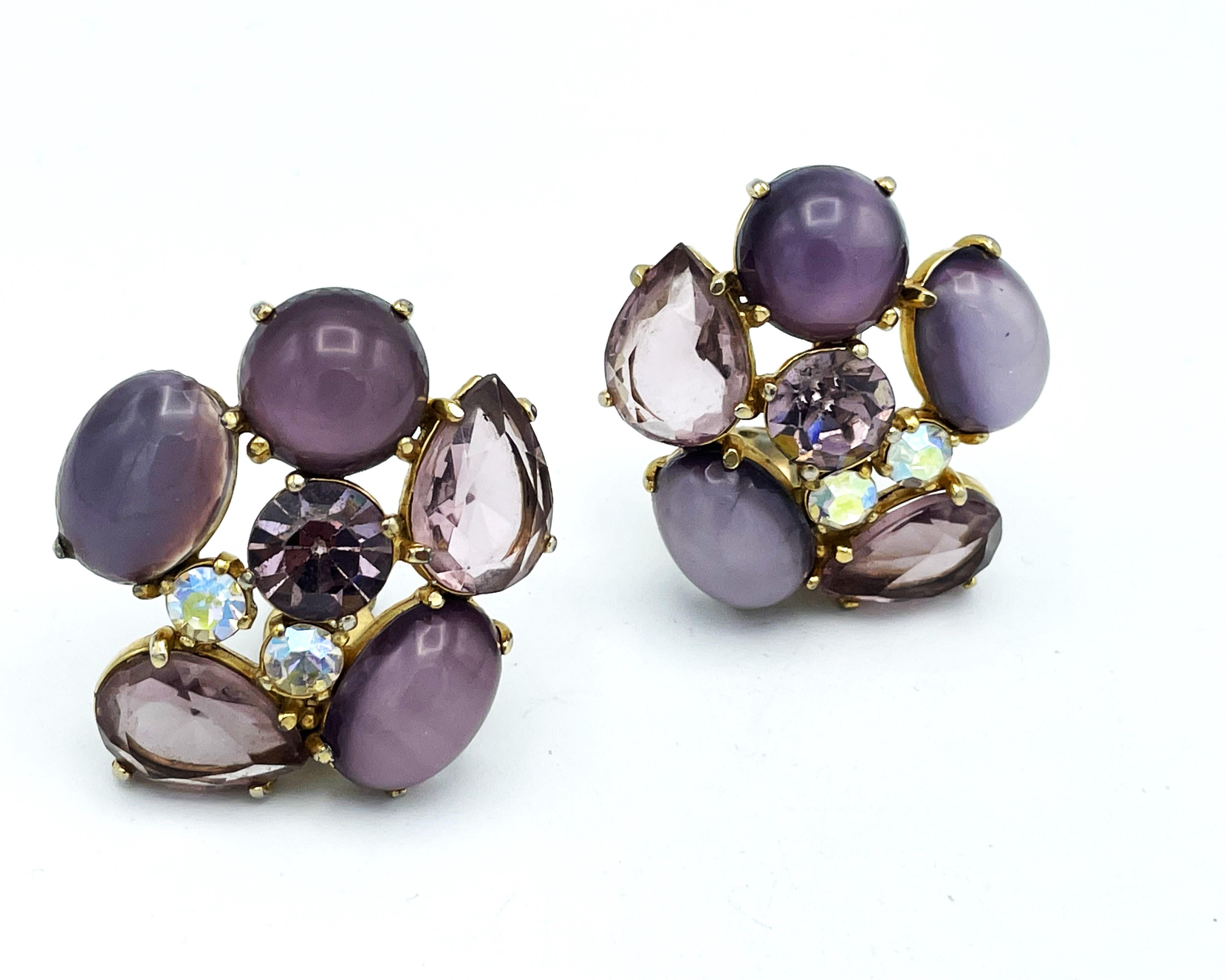 Women's Clip-on earring by Schiaparelli Italy, different light lilac rhinestones, 1950s 
