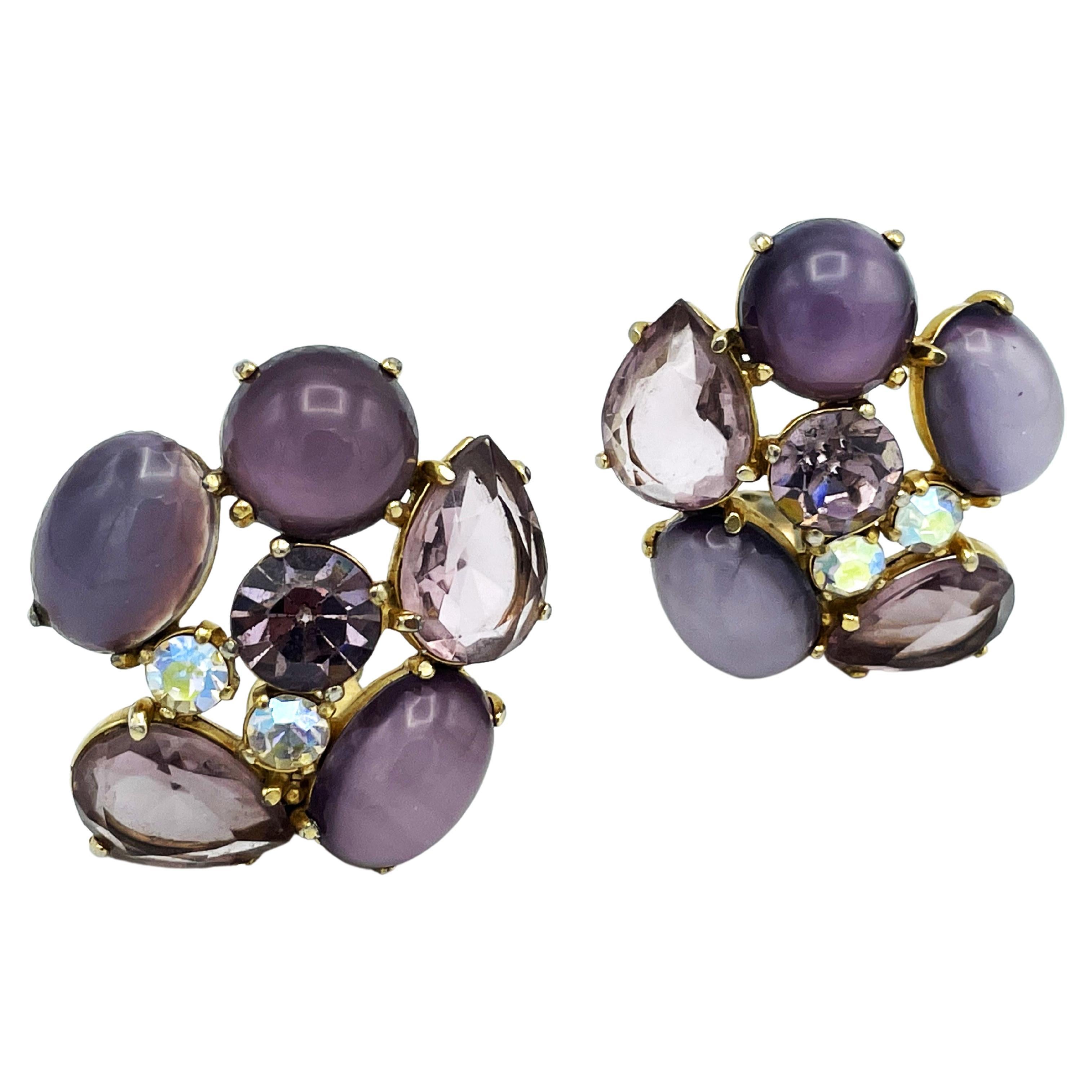 Clip-on earring by Schiaparelli Italy, different light lilac rhinestones, 1950s