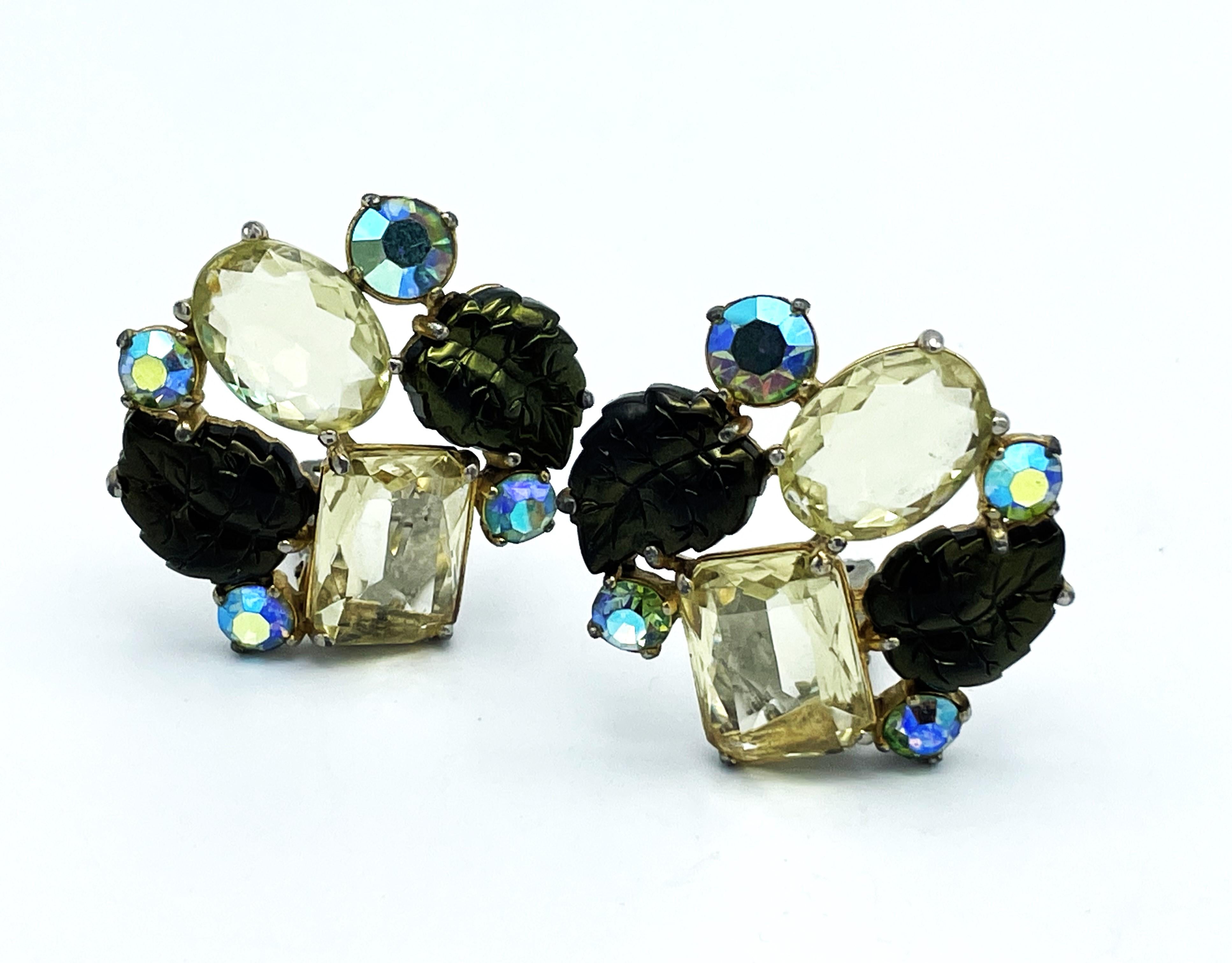 Clip-on earring by Schiaparelli Italy multicolor and vari cut rhinestones, 1950s For Sale 4