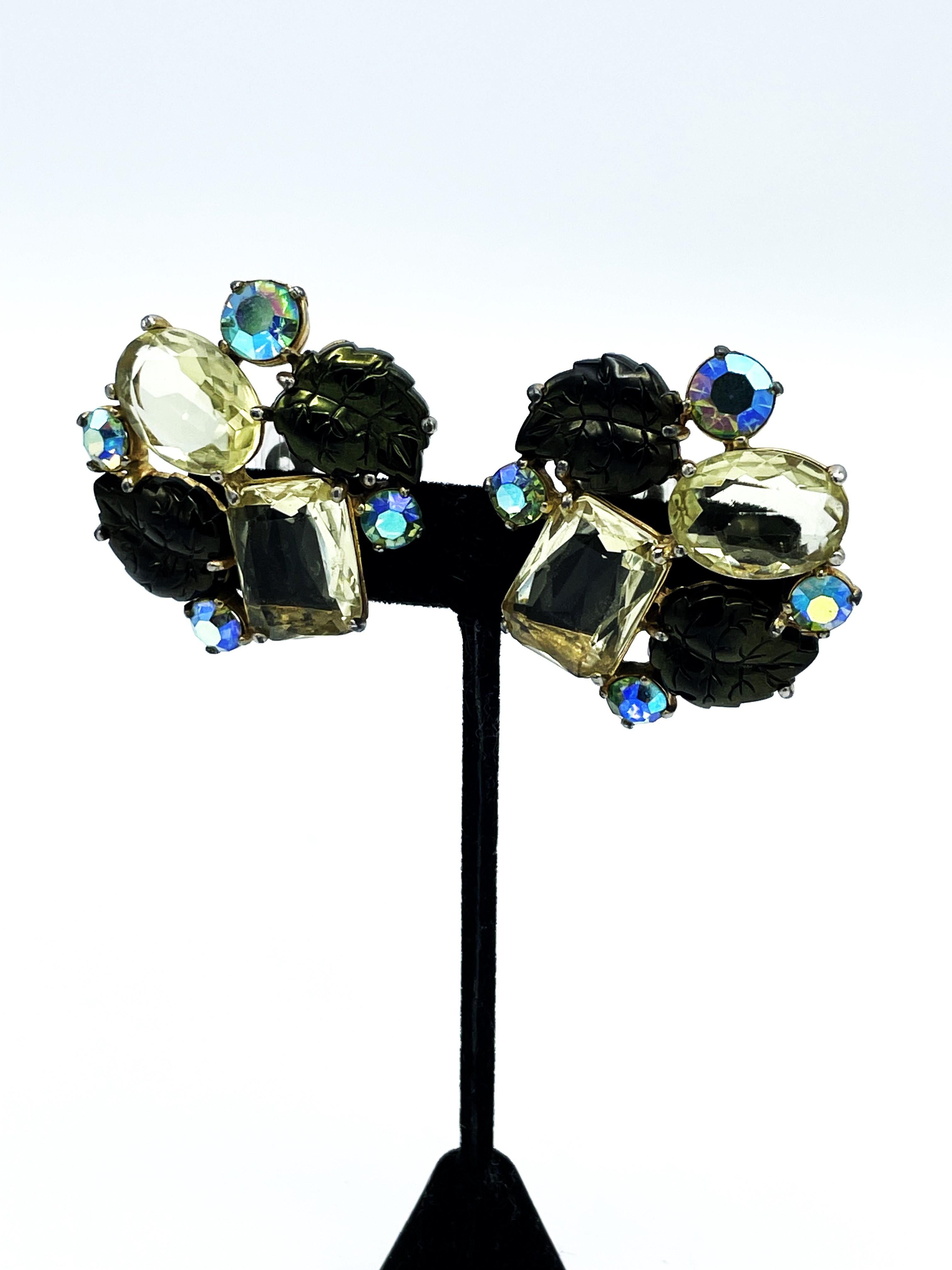 Modern Clip-on earring by Schiaparelli Italy multicolor and vari cut rhinestones, 1950s For Sale