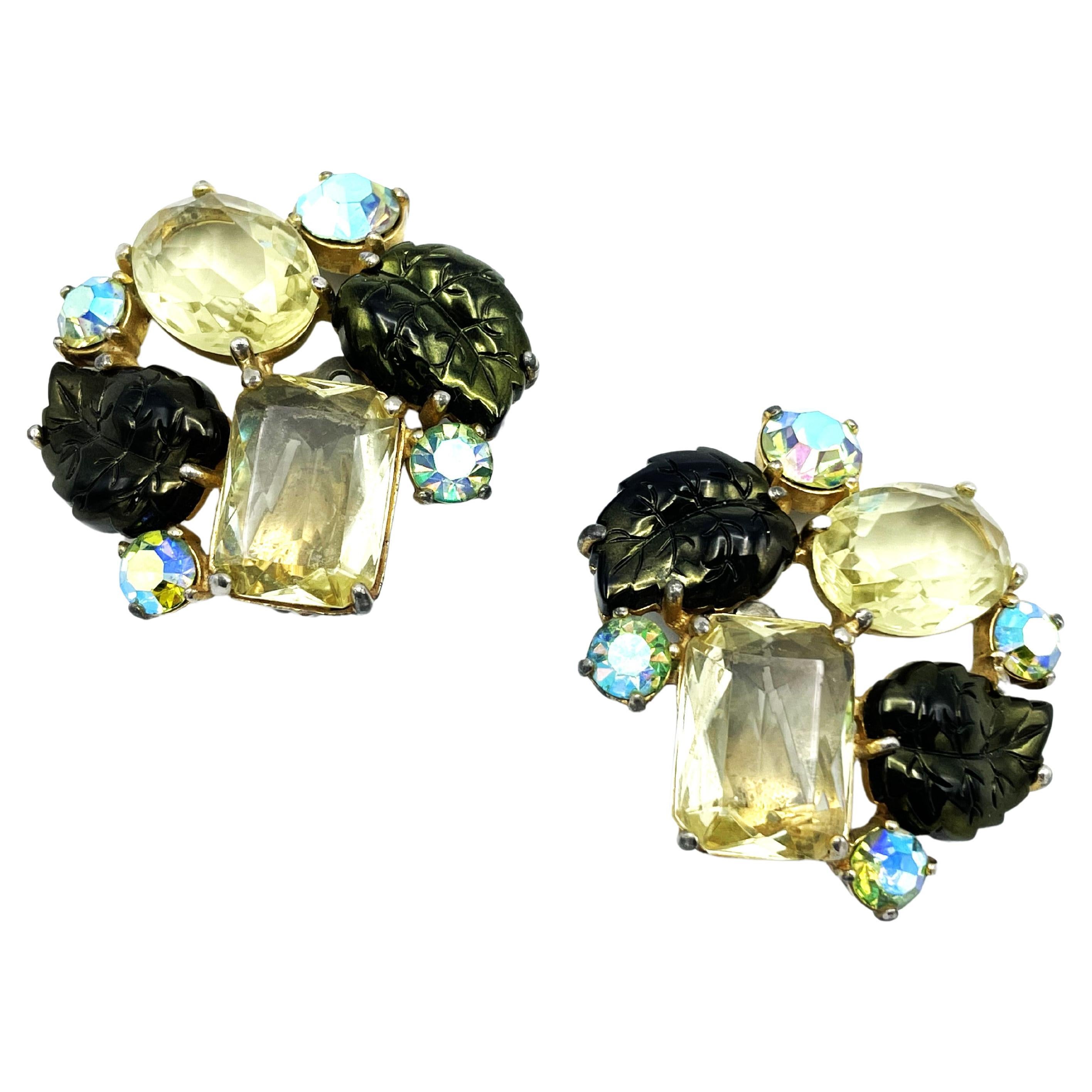 Clip-on earring by Schiaparelli Italy multicolor and vari cut rhinestones, 1950s For Sale