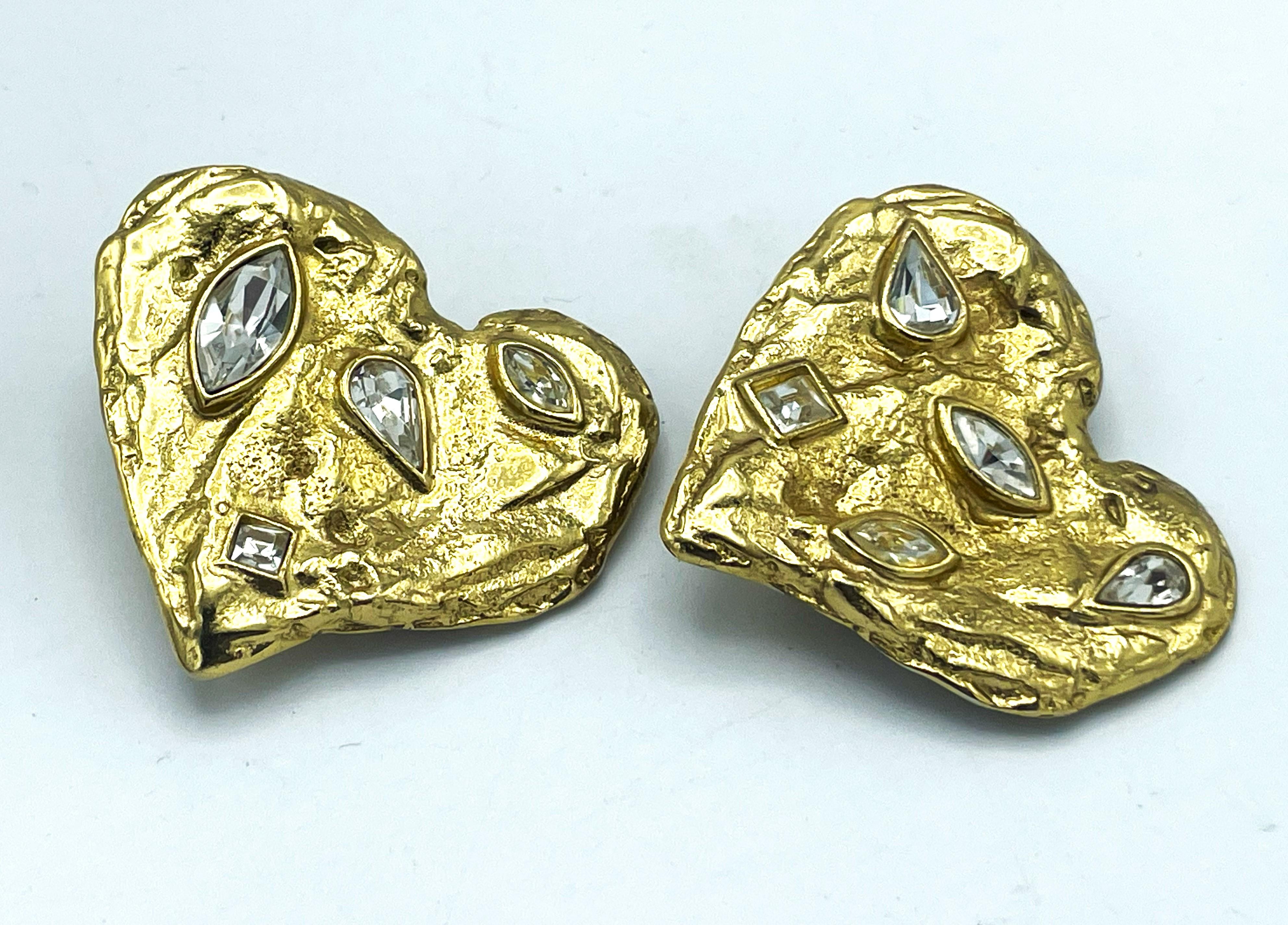 Clip-on earring, Yves Saint Laurent large heart with clear rhinestones, 1980s For Sale 4