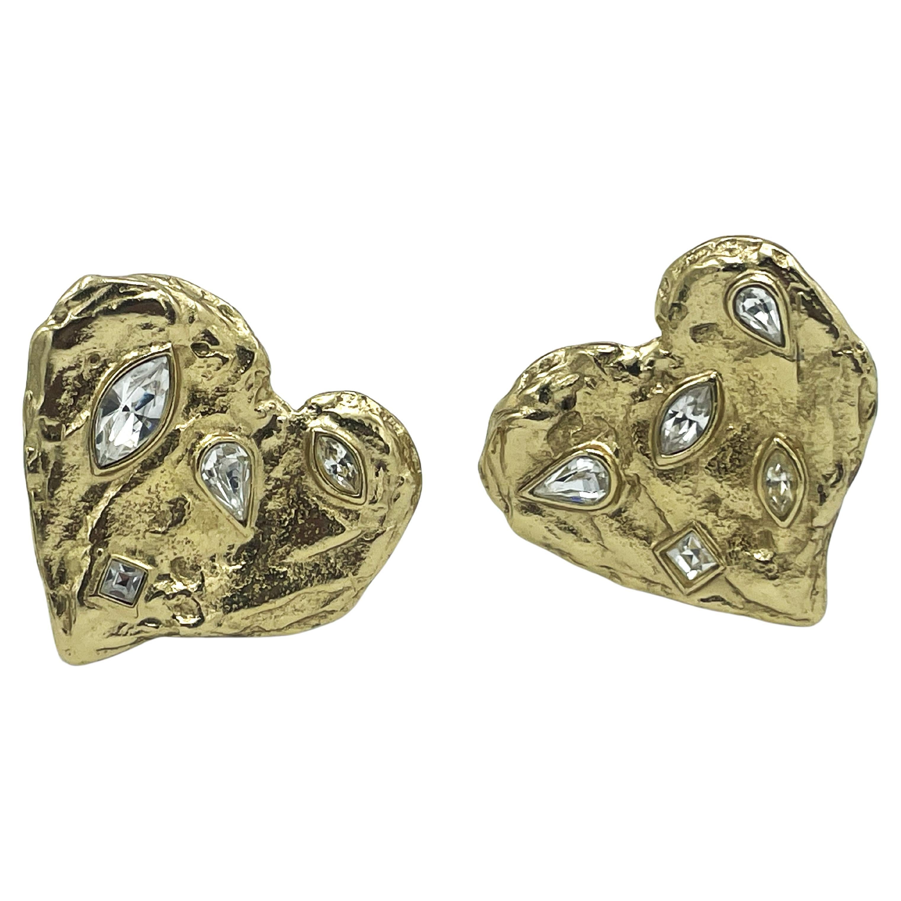 Mixed Cut Clip-on earring, Yves Saint Laurent large heart with clear rhinestones, 1980s For Sale