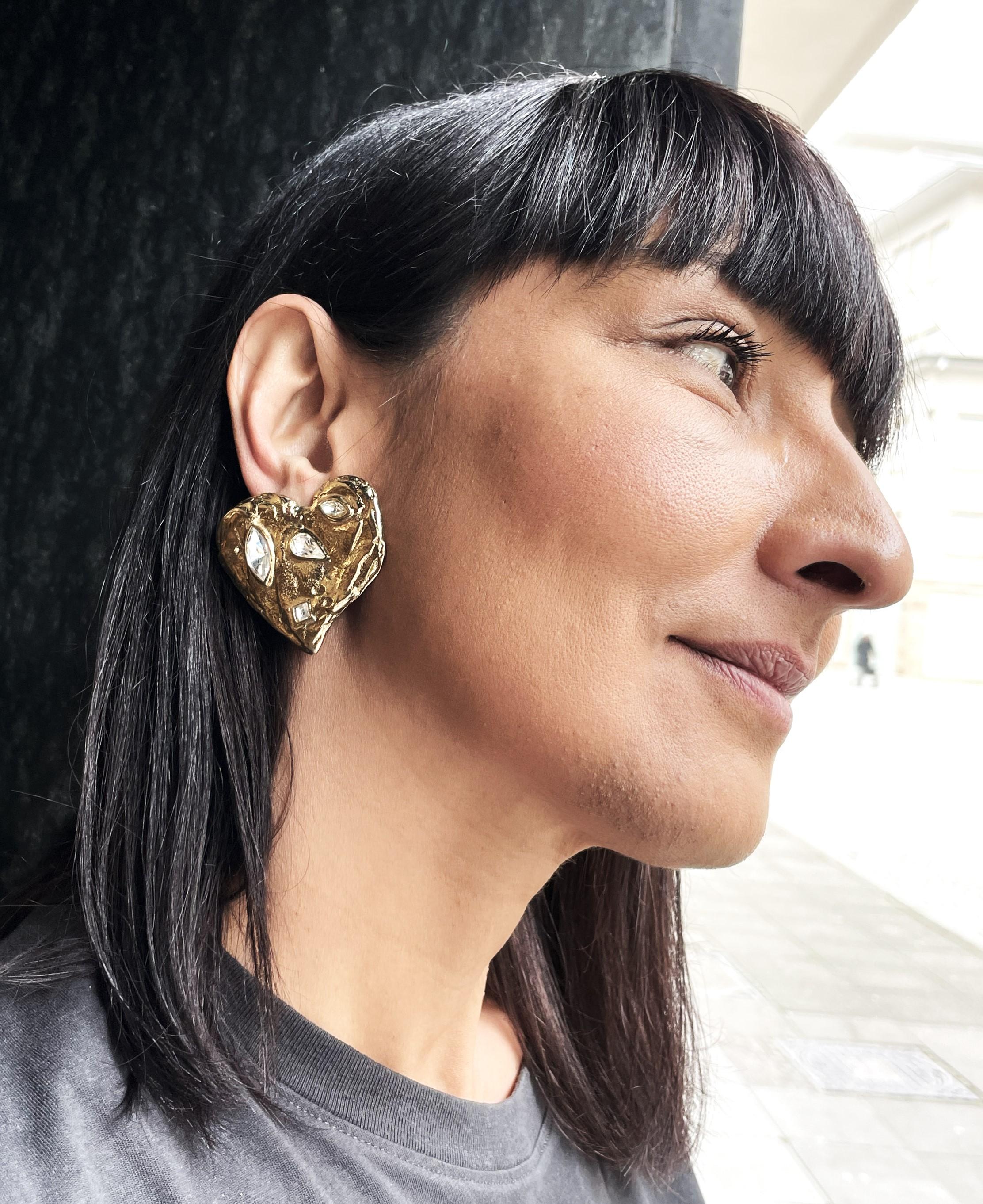 Clip-on earring, Yves Saint Laurent large heart with clear rhinestones, 1980s For Sale 2