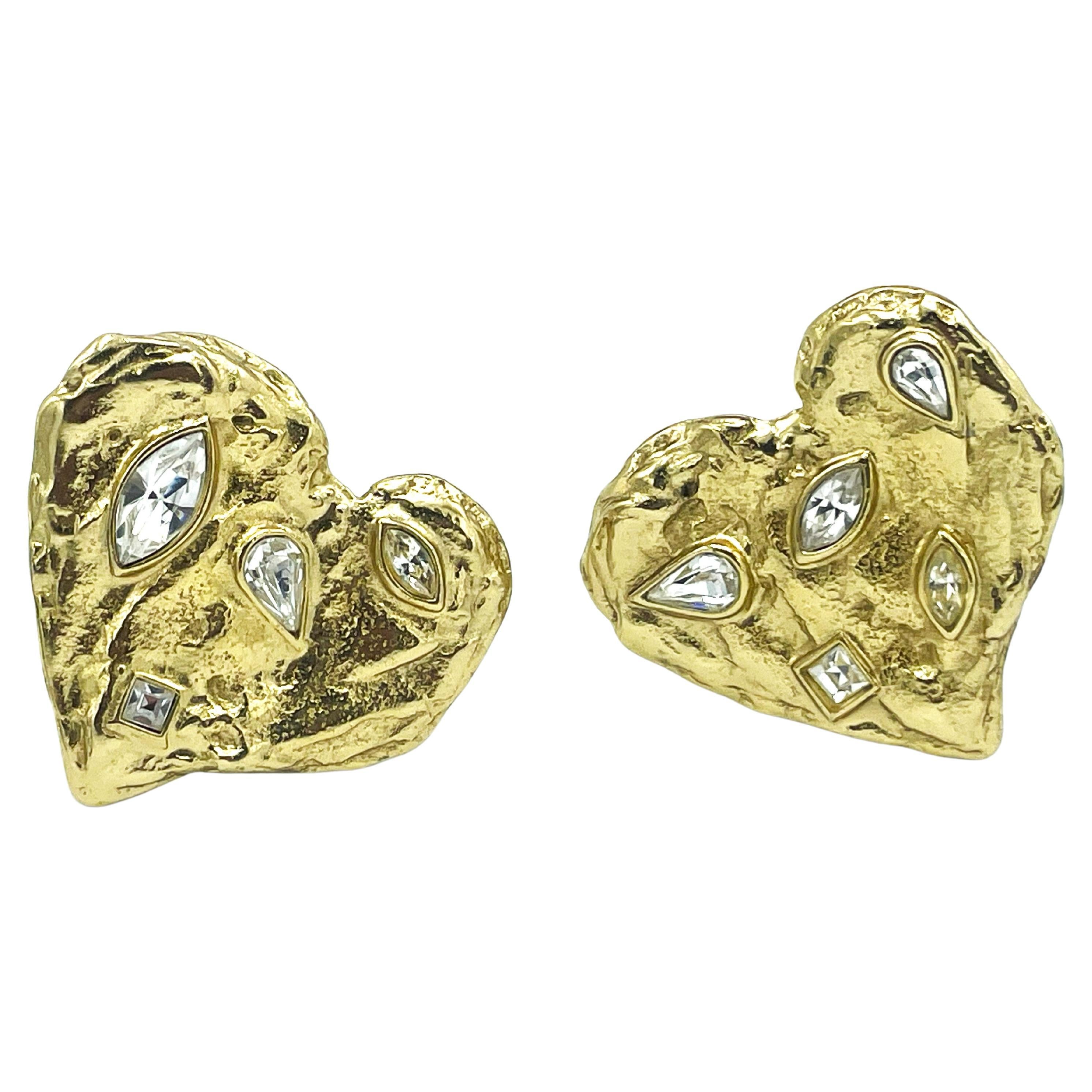 Clip-on earring, Yves Saint Laurent large heart with clear rhinestones, 1980s For Sale