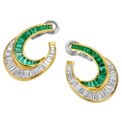 Vintage Clip-On Earrings 5ct Emeralds & 4.5ct Baguette Diamonds, Estate Sultan Oman
