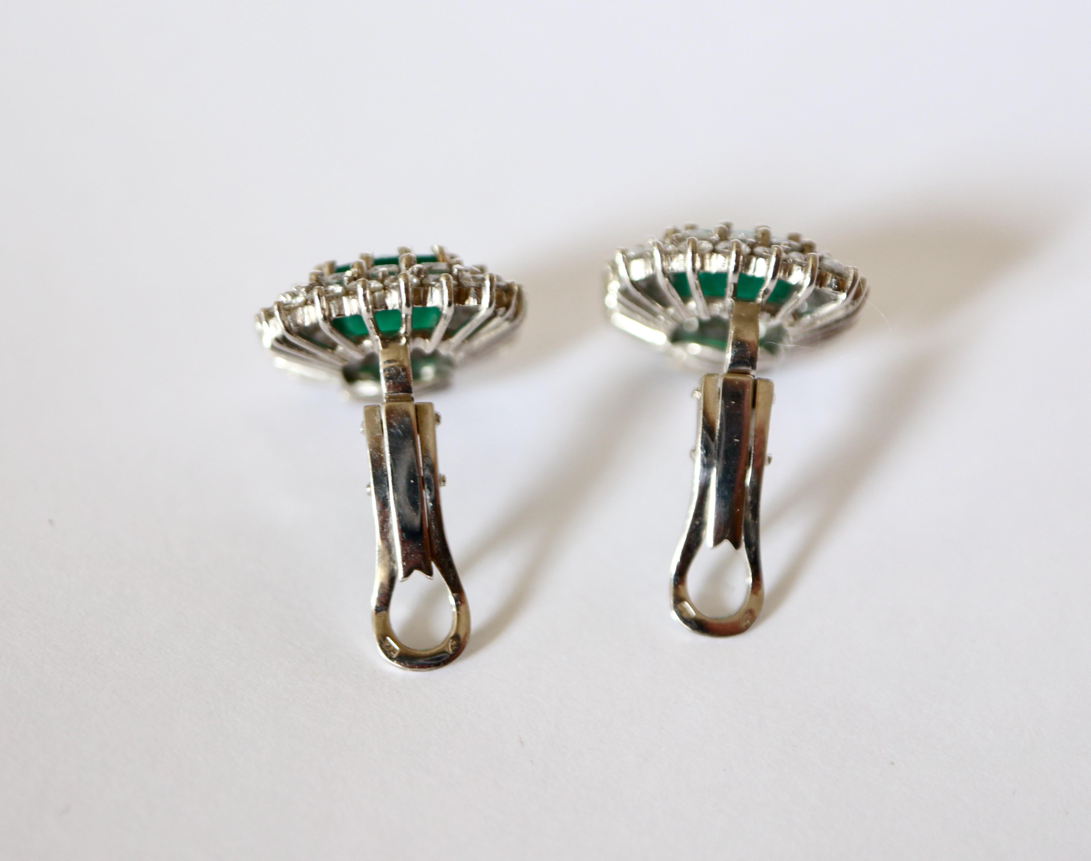 Clip-On Earrings Brazil Emeralds 4.87 Carats 18 Carat White Gold Diamonds For Sale 7