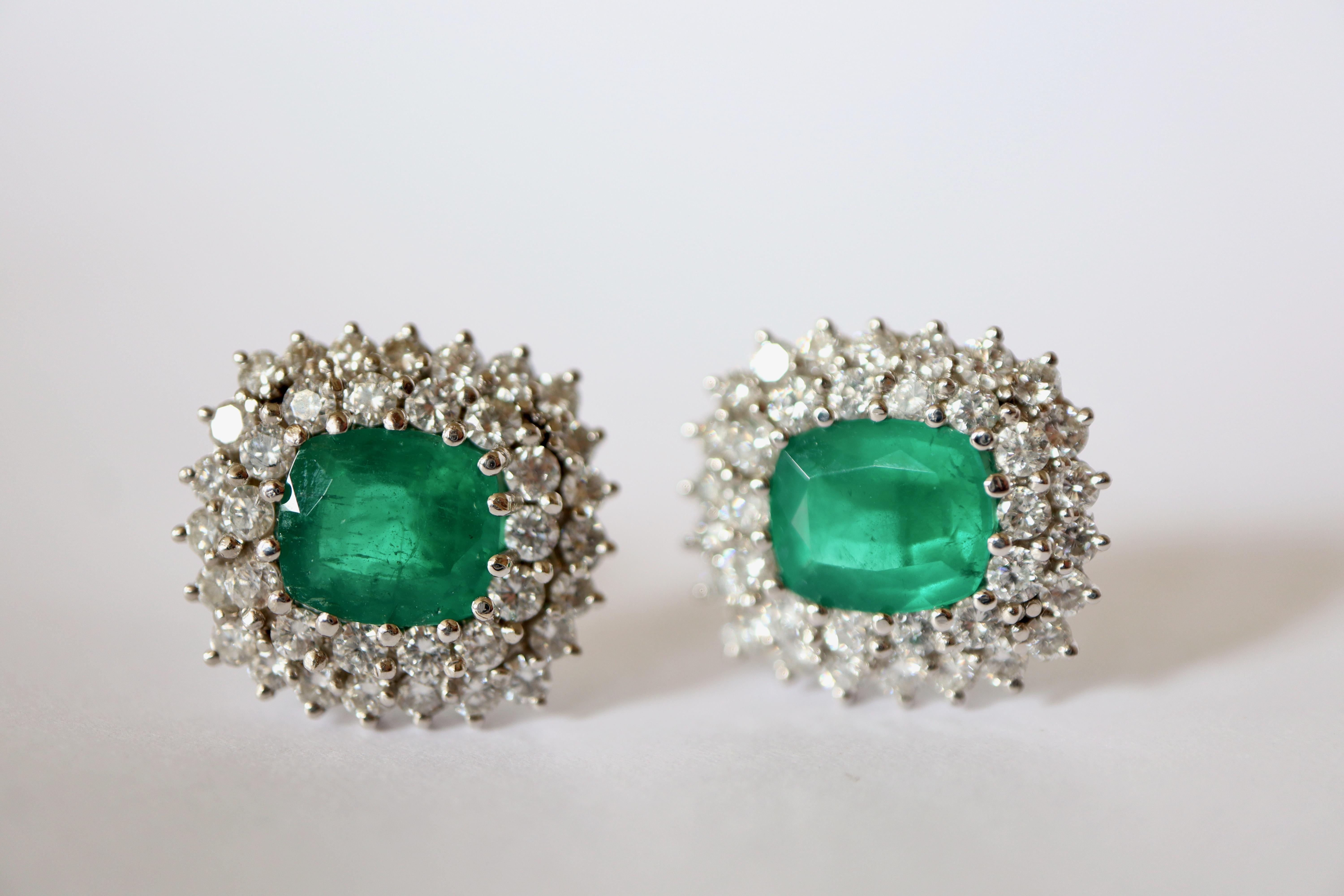 Clip-On Earrings Brazil Emeralds 4.87 Carats 18 Carat White Gold Diamonds For Sale 10