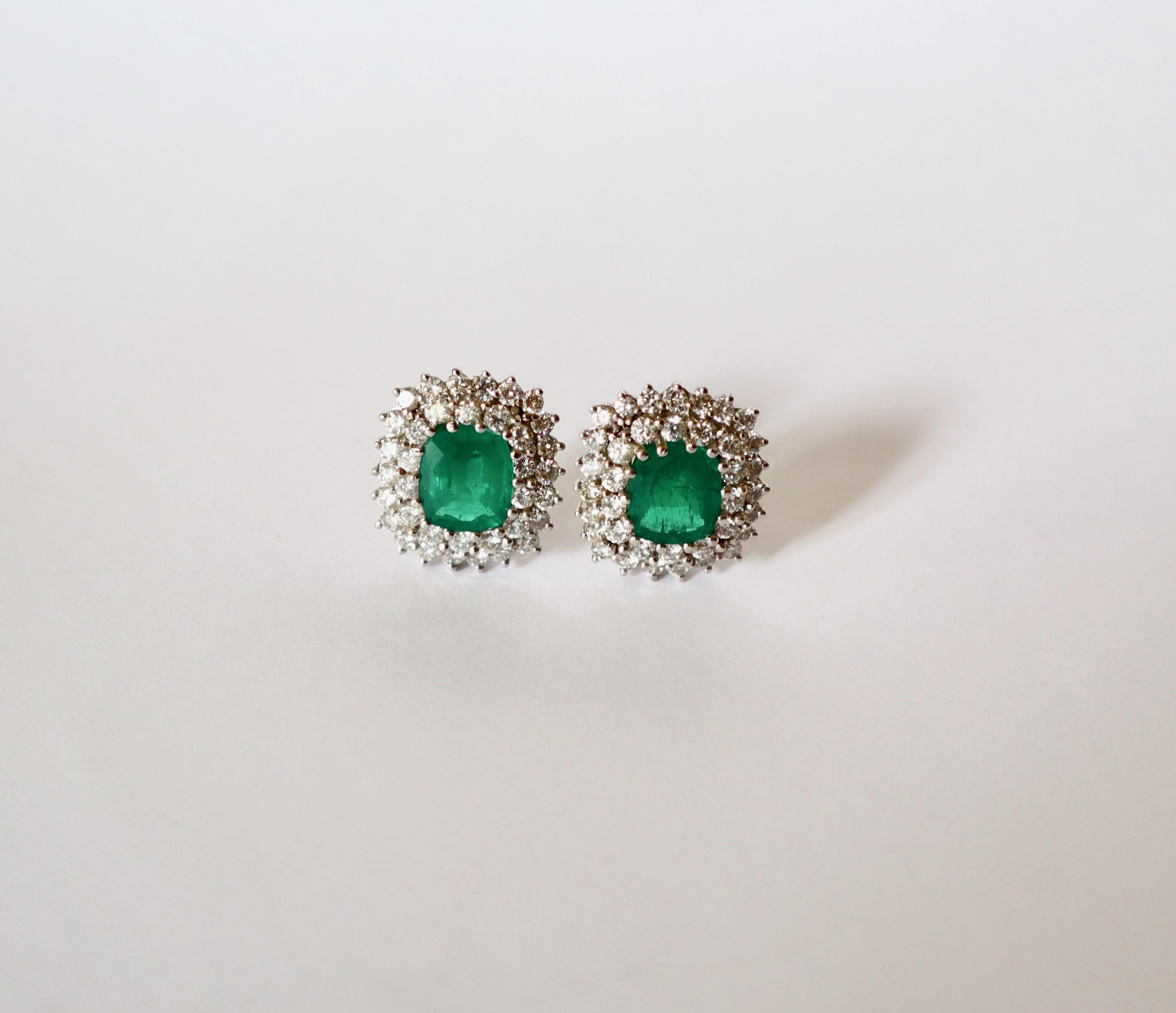 Emerald Cut Clip-On Earrings Brazil Emeralds 4.87 Carats 18 Carat White Gold Diamonds For Sale