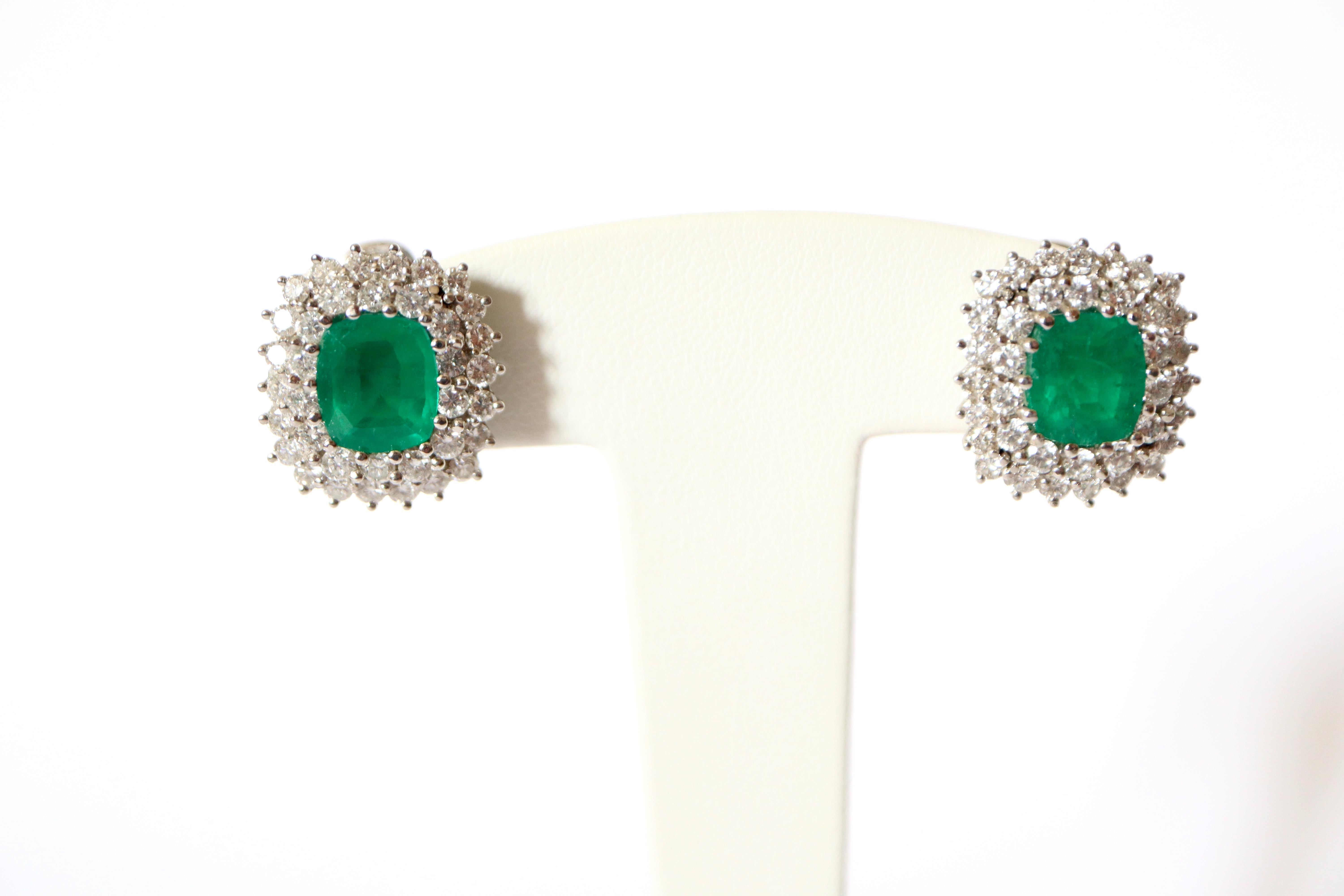 Clip-On Earrings Brazil Emeralds 4.87 Carats 18 Carat White Gold Diamonds For Sale 2