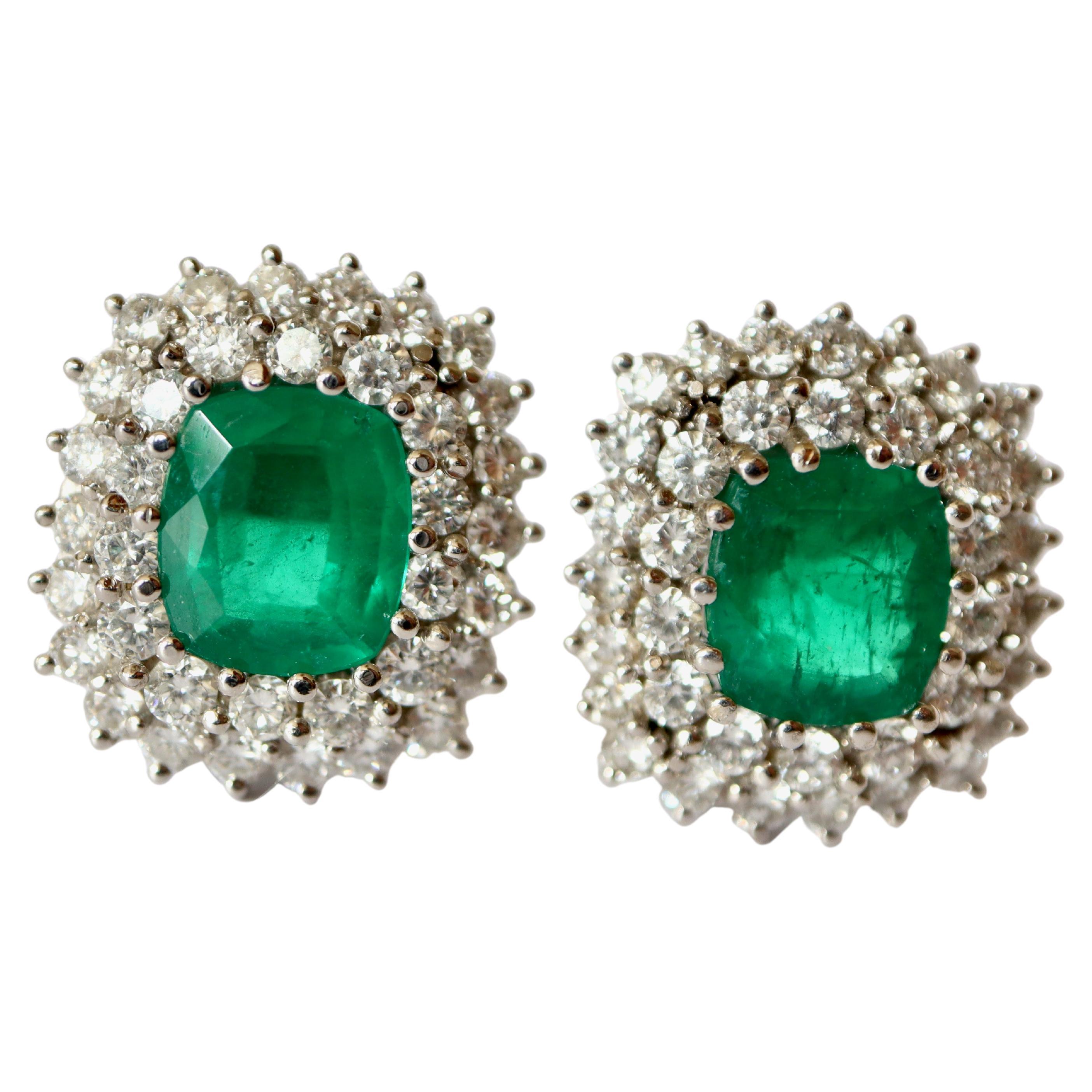 Clip-On Earrings Brazil Emeralds 4.87 Carats 18 Carat White Gold Diamonds For Sale