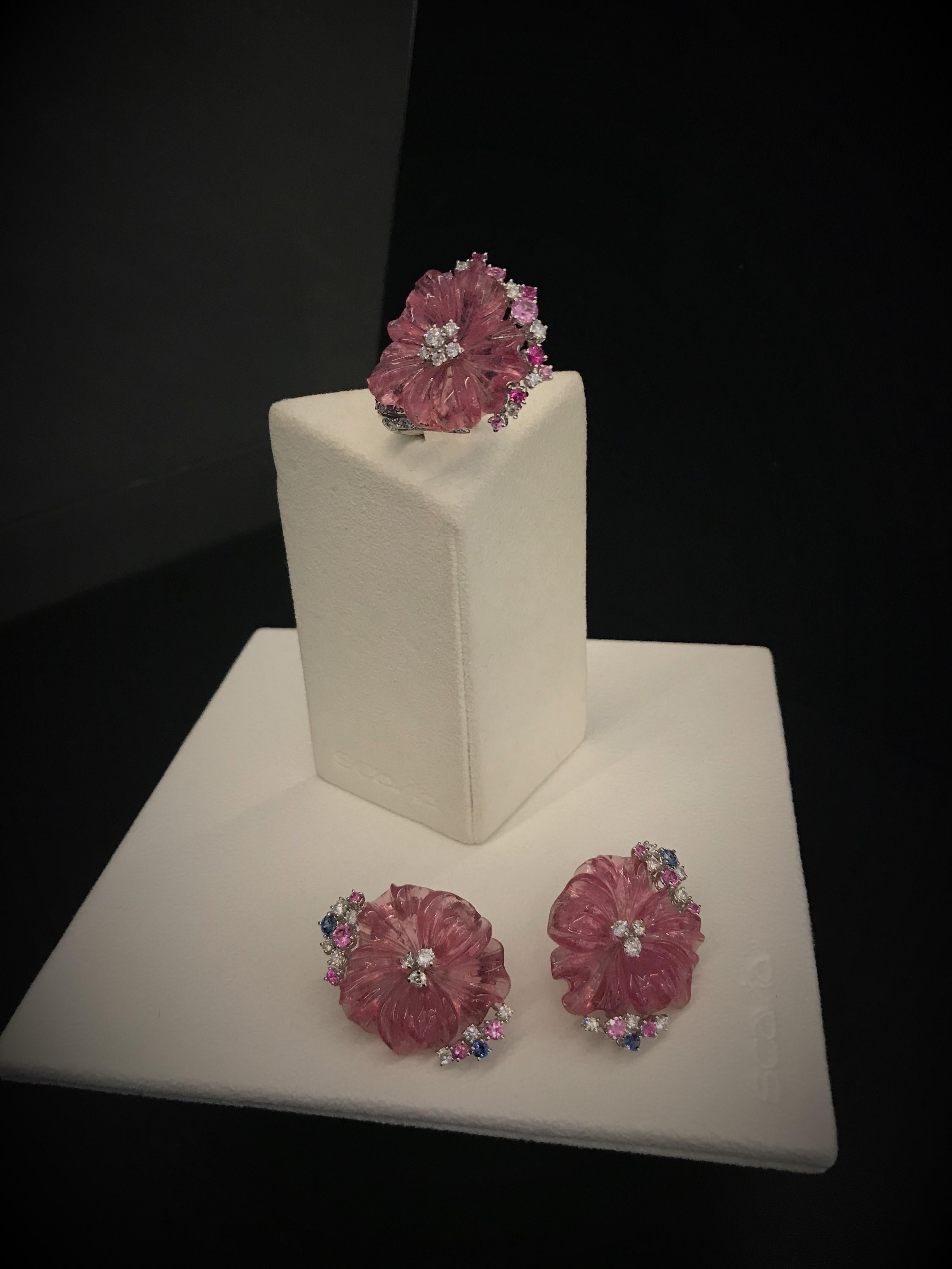 Contemporary Clip-On Earrings Pink and Blue Sapphires Pink Tourmaline Flowers Diamonds For Sale