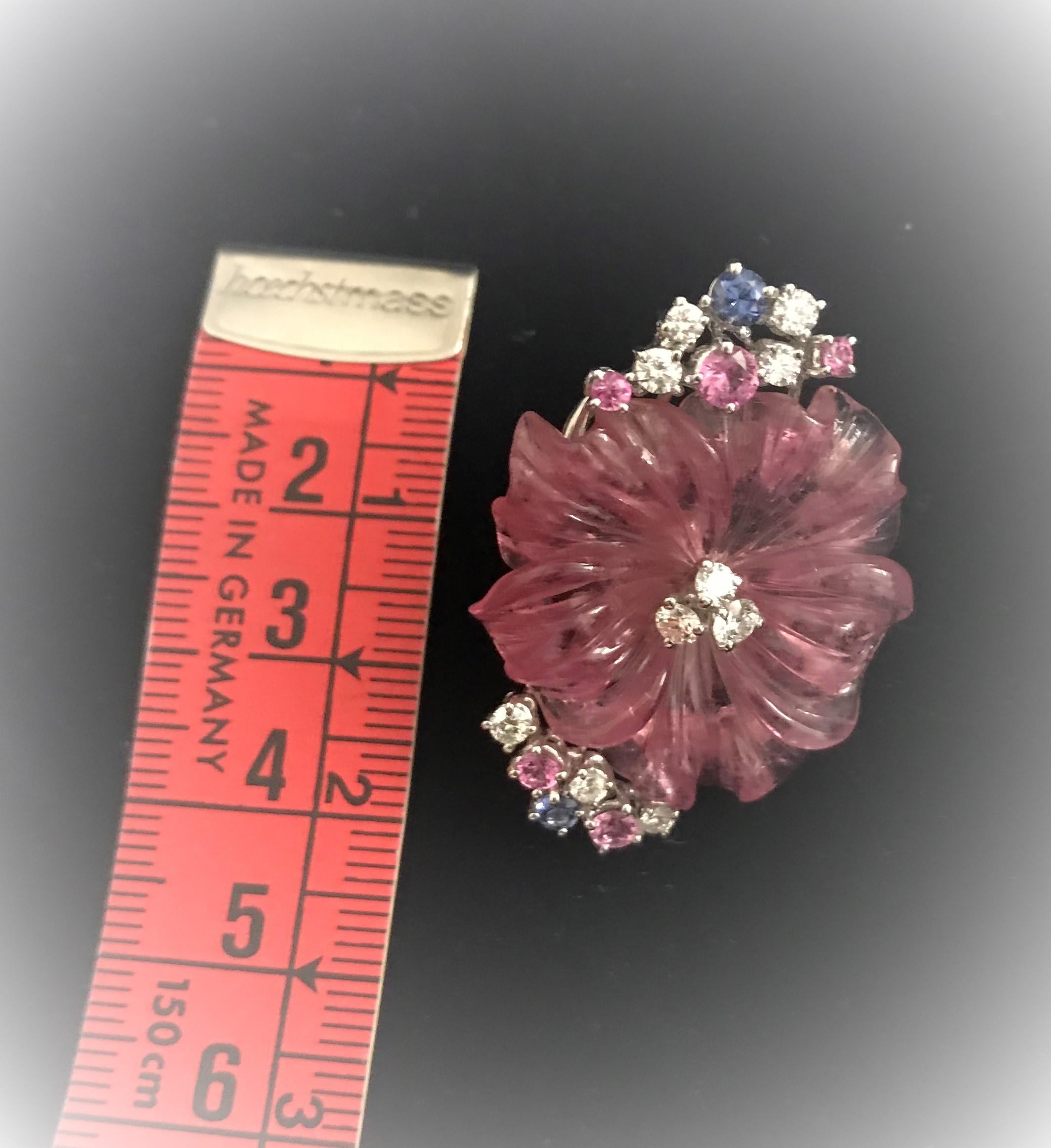 Women's Clip-On Earrings Pink and Blue Sapphires Pink Tourmaline Flowers Diamonds For Sale