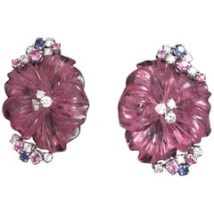 Clip-On Earrings Pink and Blue Sapphires Pink Tourmaline Flowers Diamonds