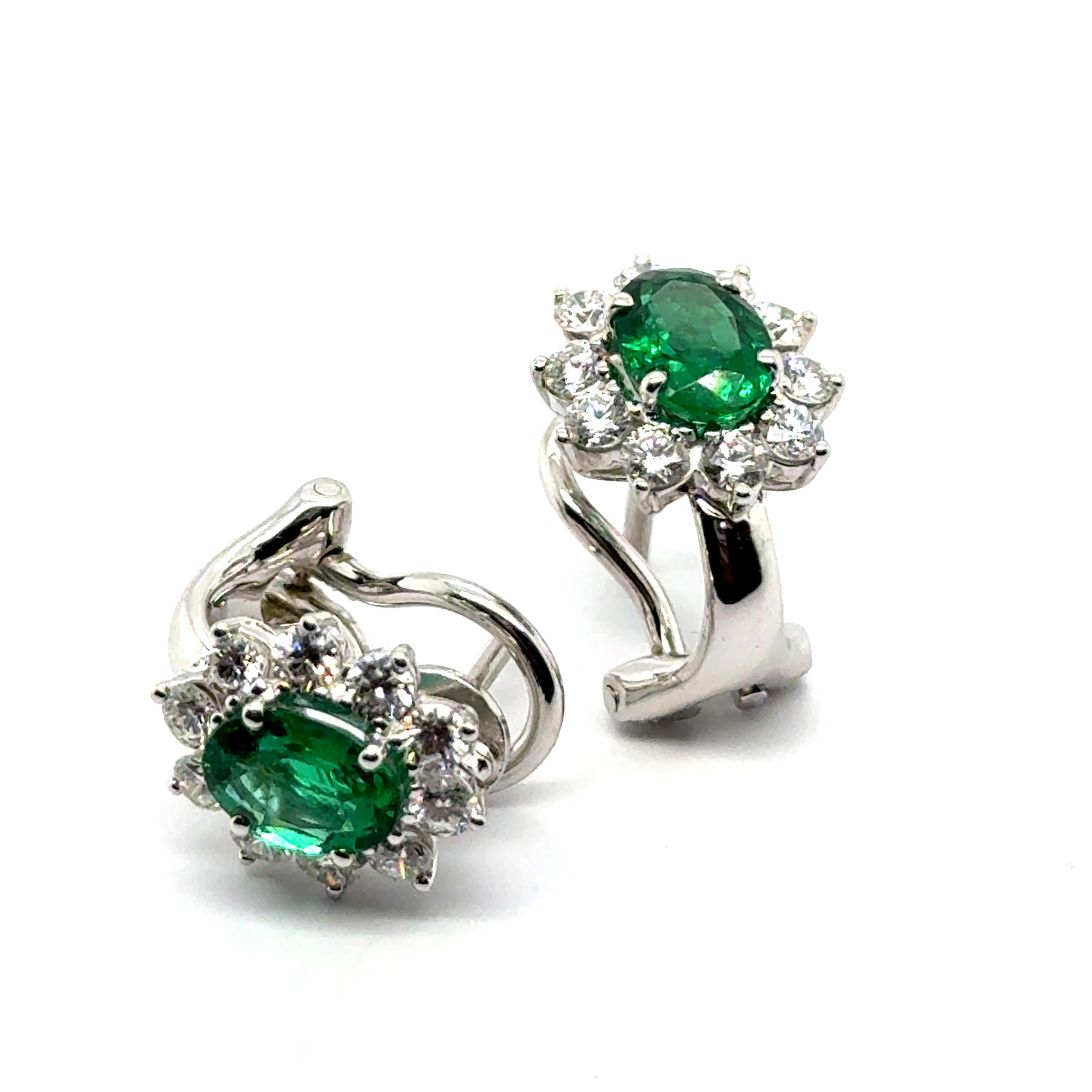 Women's or Men's Clip-on Earrings with Emeralds & Diamonds in 18 Karat White Gold by Gübelin For Sale