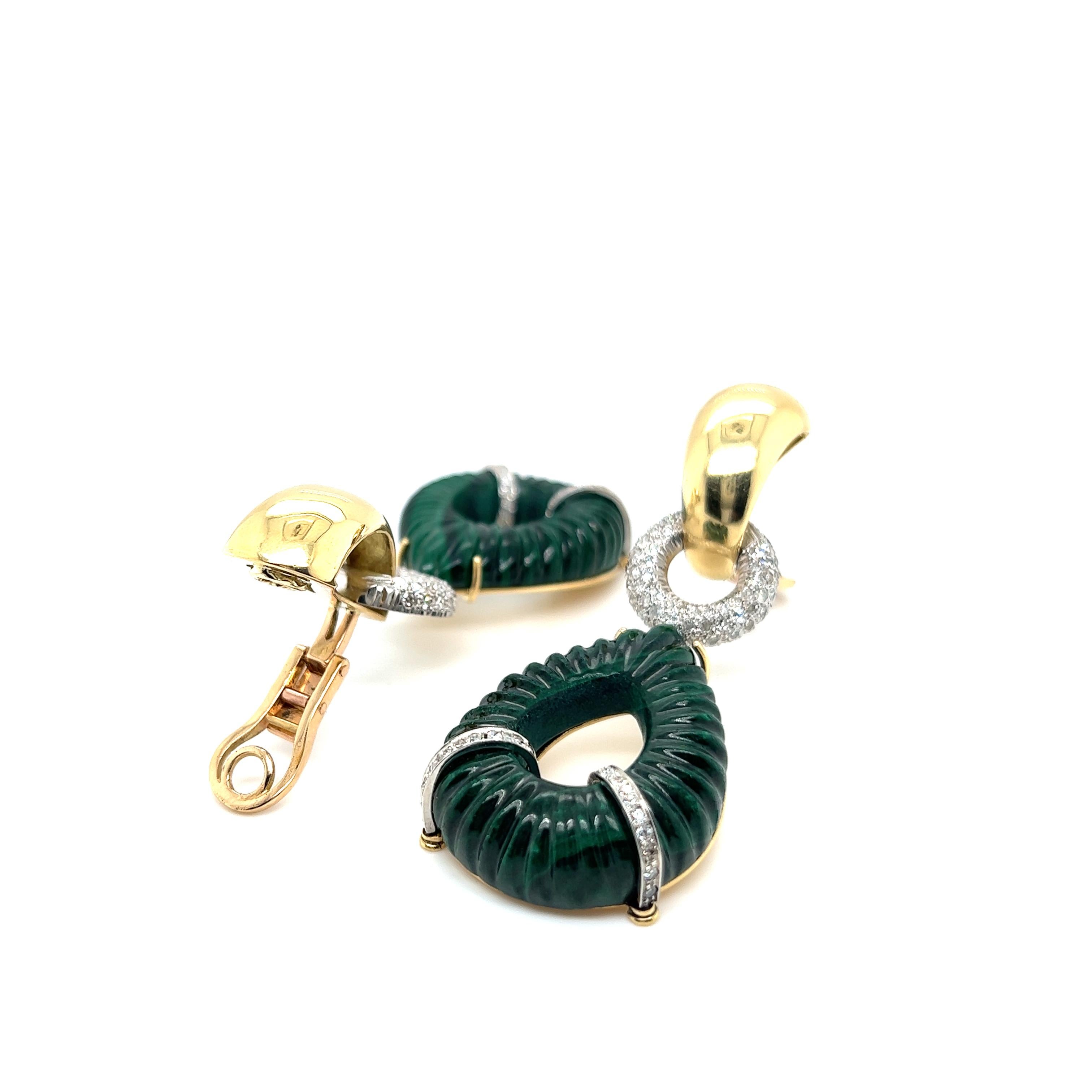 Pendientes de clip con malaquita y diamantes en oro de 18 quilates en venta 7