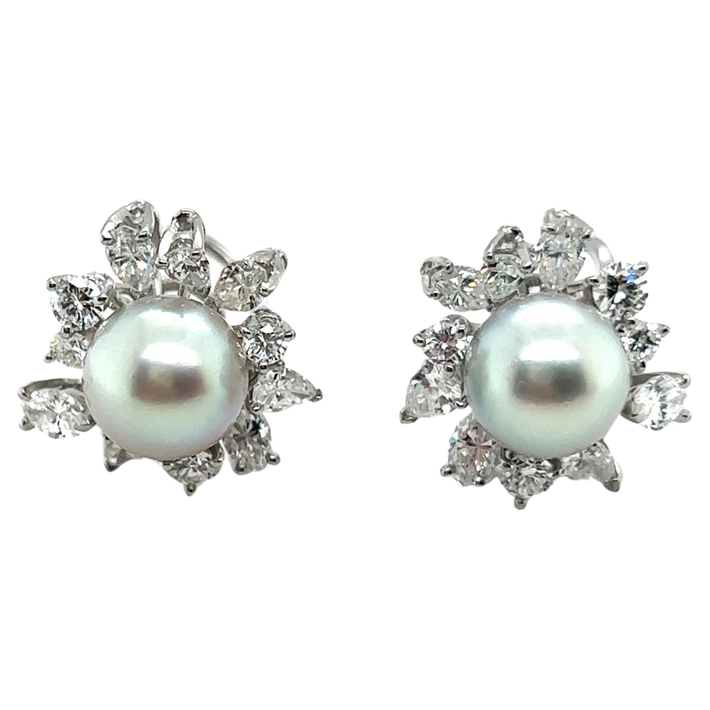 Clip-on Earrings with Pearls and Diamonds in 18 Karat White Gold by Meister 7