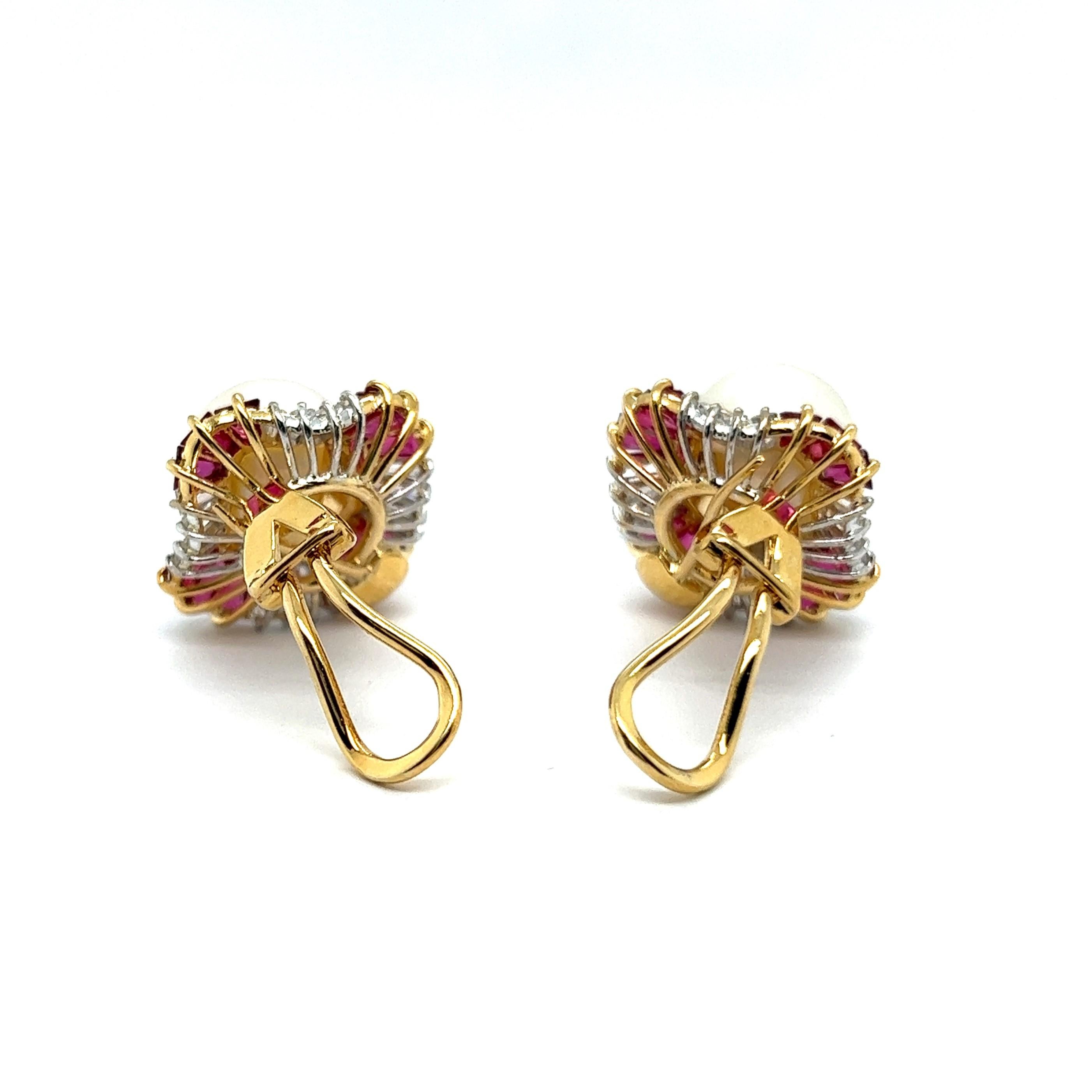 Clip-on Earrings with Pearls, Rubies & Diamonds in 18 Karat Yellow & White Gold For Sale 4